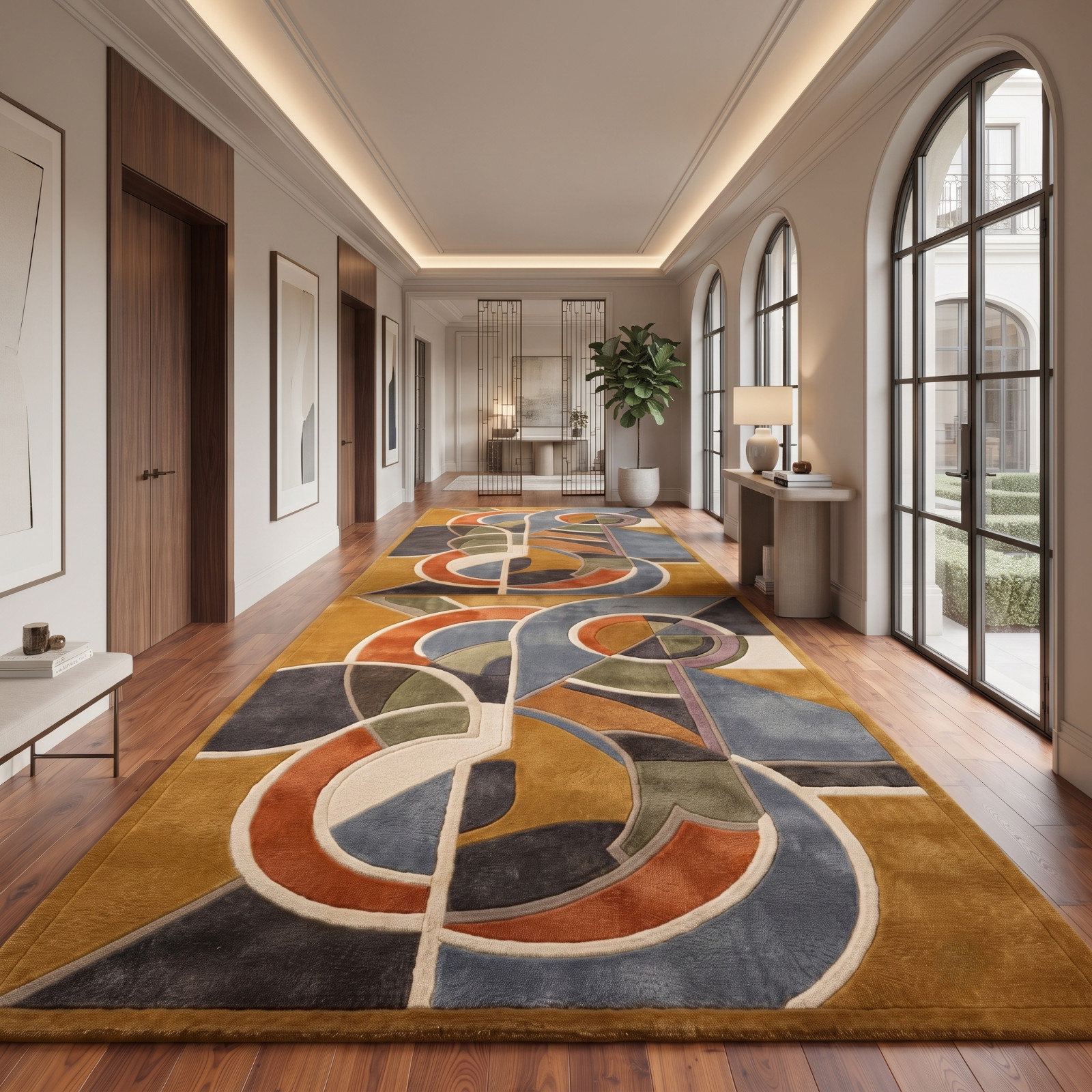 Modern Abstract Hand Tufted Area Rug in Mustard Yellow / Gold & Steel , High Low