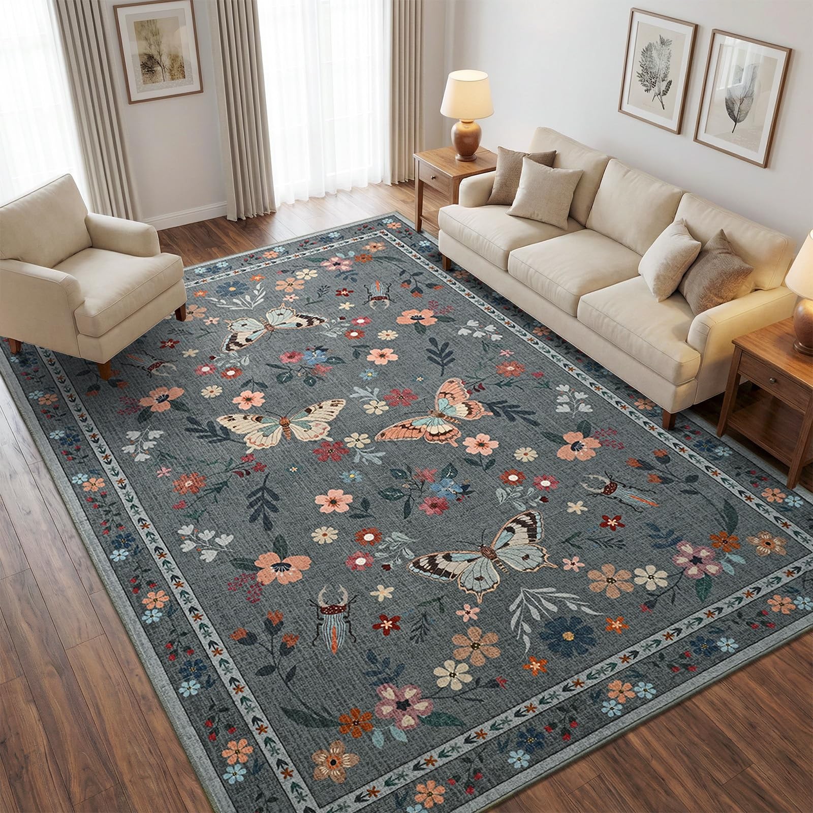 5×7 Area Rugs for Living Room Bedroom, Washable Butterfly Floral Insect Print…