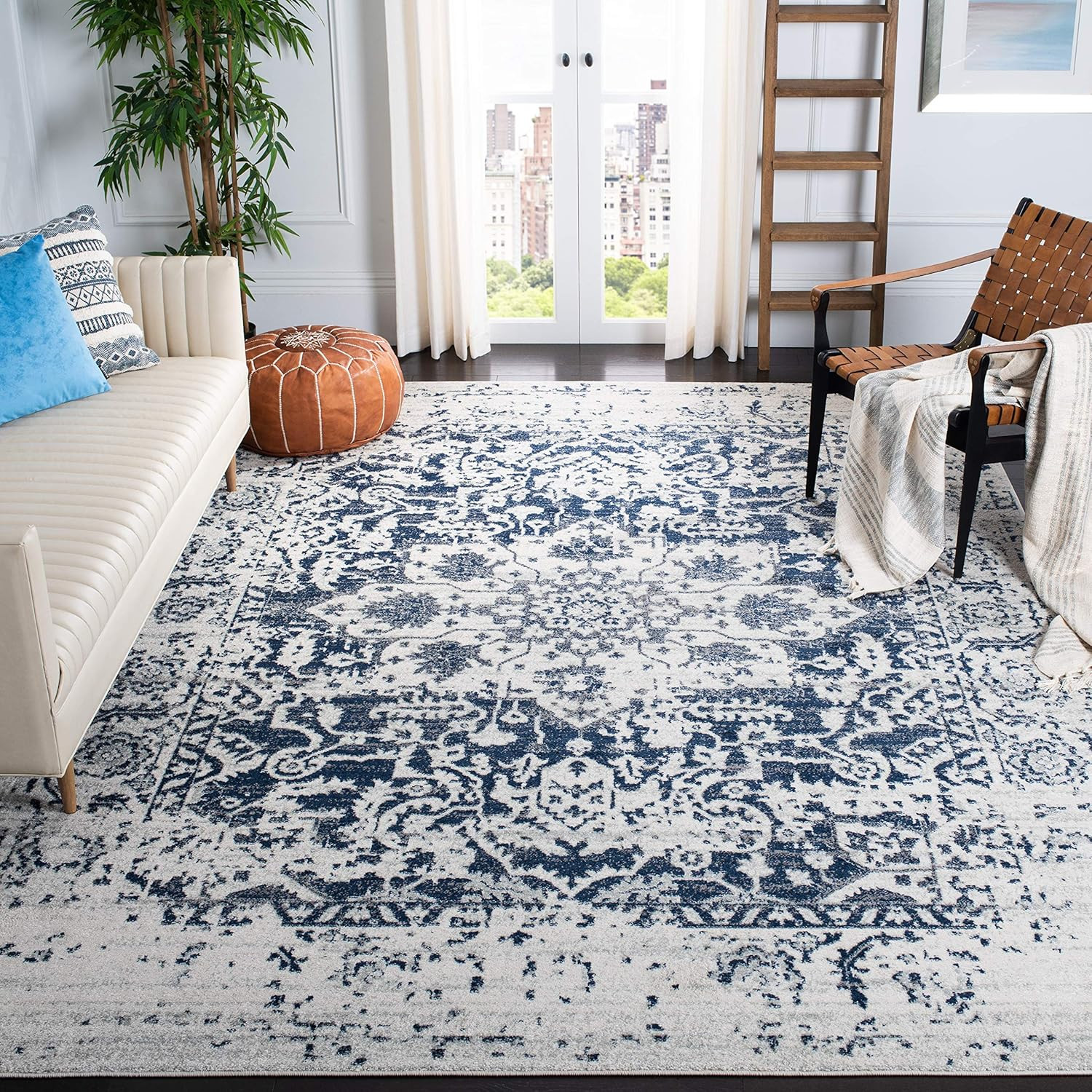 Madson 8×10 Area Rug – Cream & Navy Snowflake Medallion, Easy Clean Design