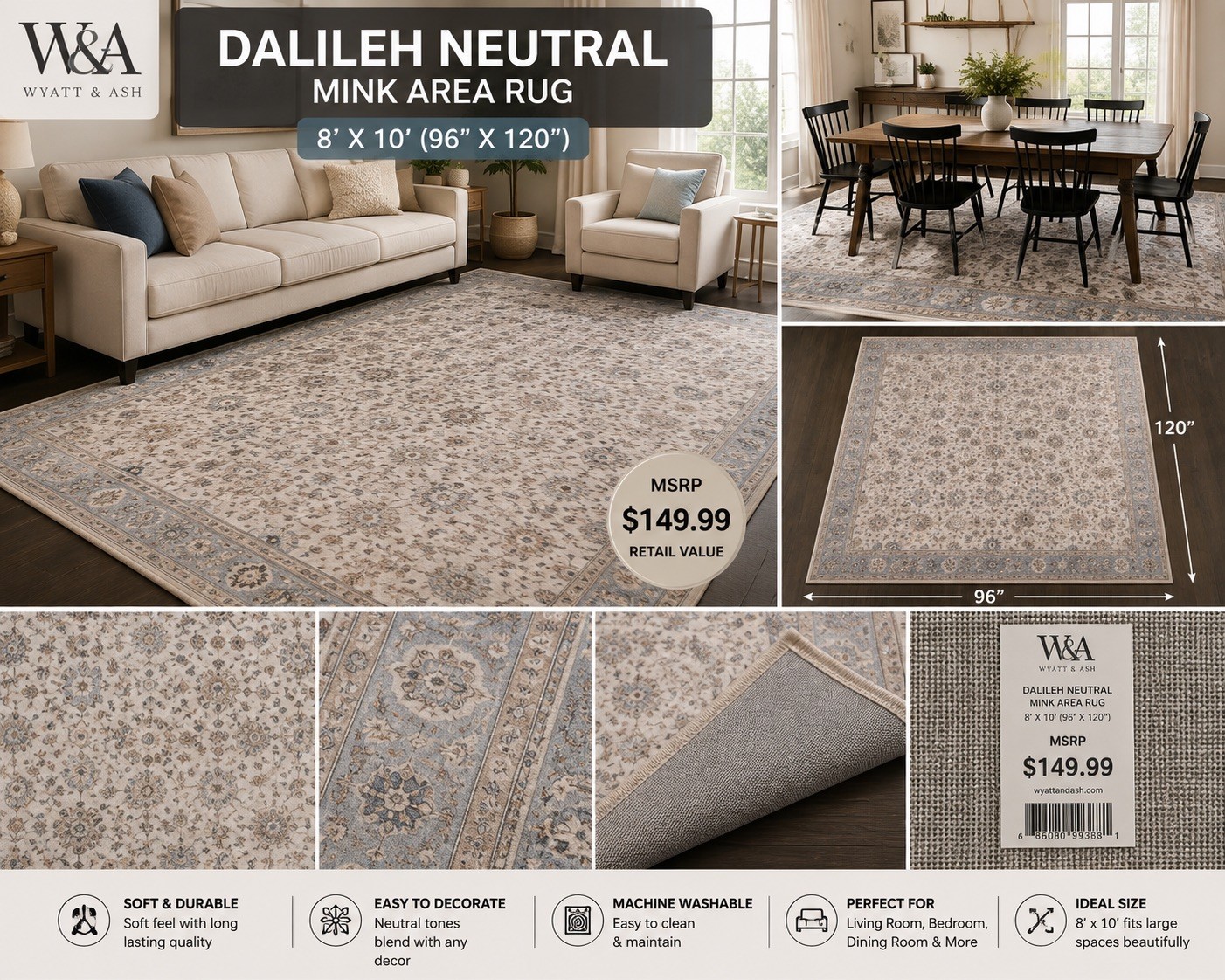 W&A Dalileh Neutral 8×10 Washable Area Rug Soft Dream MINK Chenille Non Slip