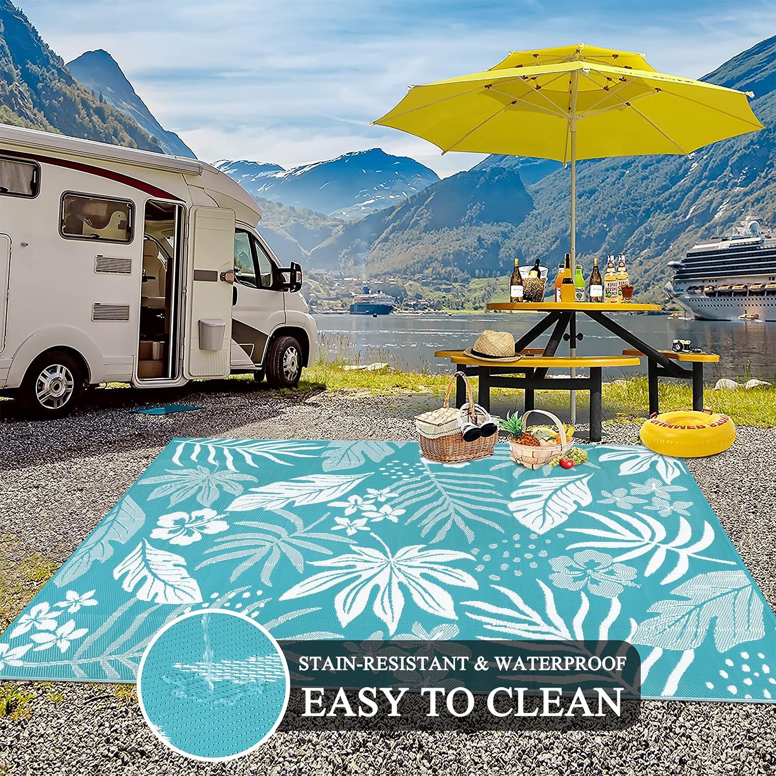 Waterproof 8×10 Outdoor Rug – Reversible Floral Teal Patio Mat, UV Resistant, Id