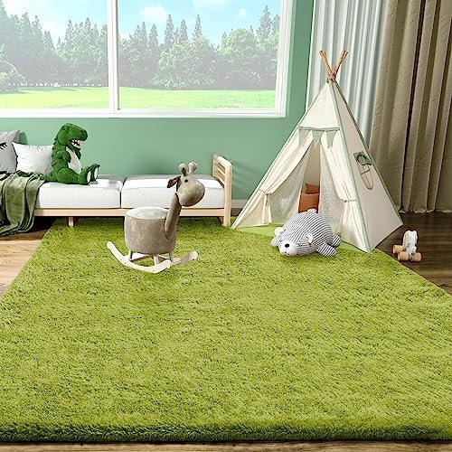 Ophanie Green Rug Grass Area Rugs for Bedroom, 4×6 Shag Fluffy Carpet, Fuzzy