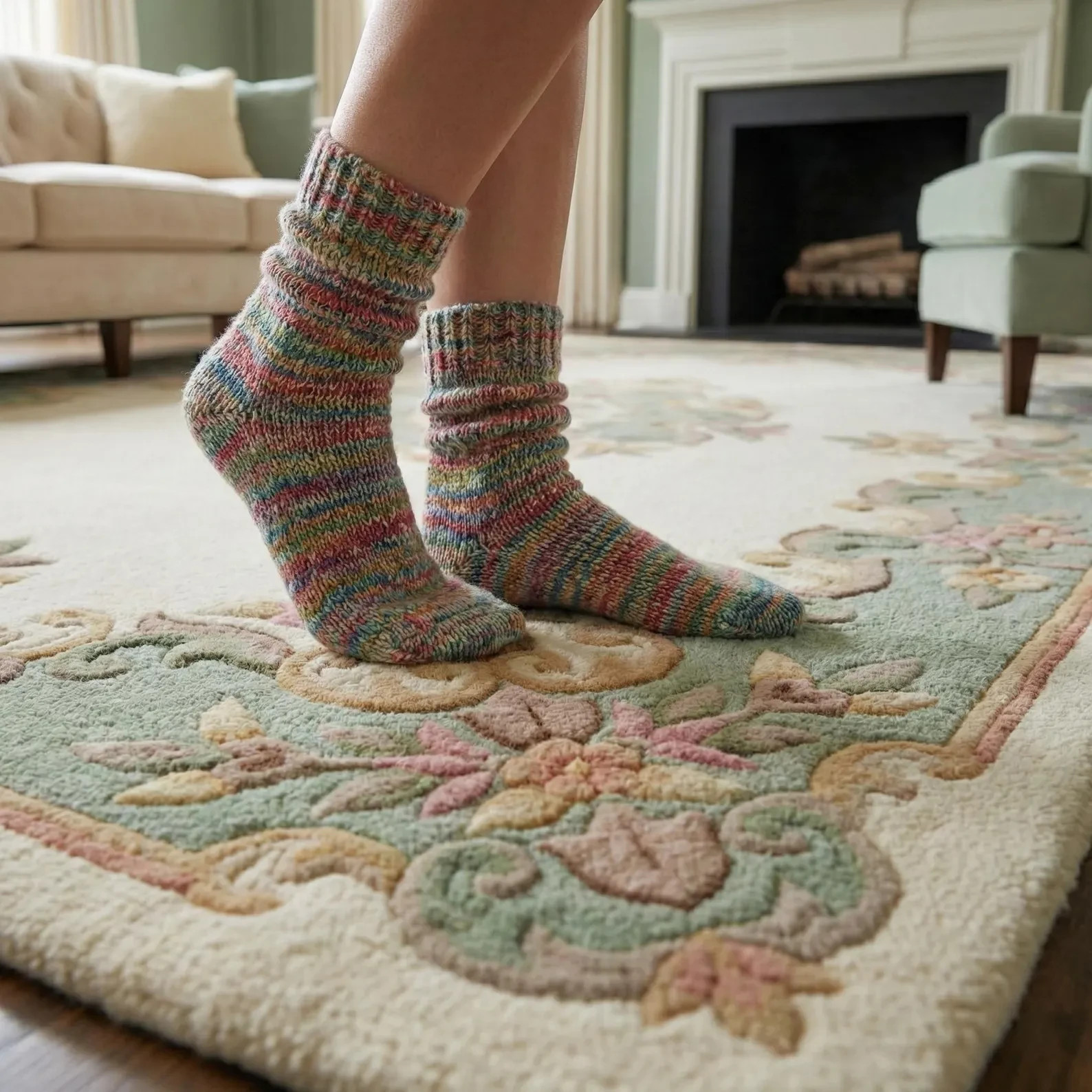 tufted Aubusson Wool Rug, Vintage French Floral Medallion Area Rug, Sage Green