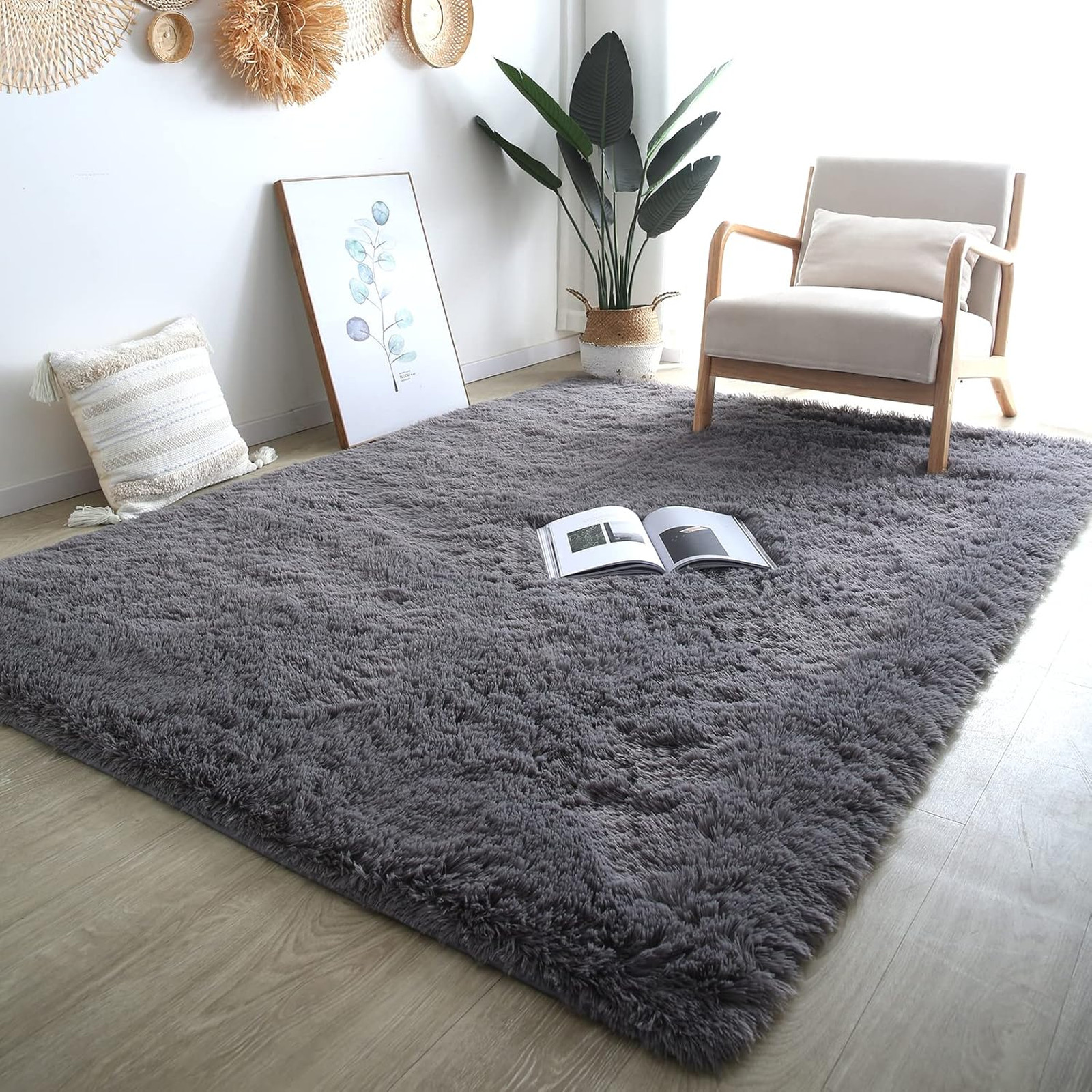 Shag Area Rug 5×8 Feet Plush Grey Indoor Soft Carpet for Living Room Bedroom