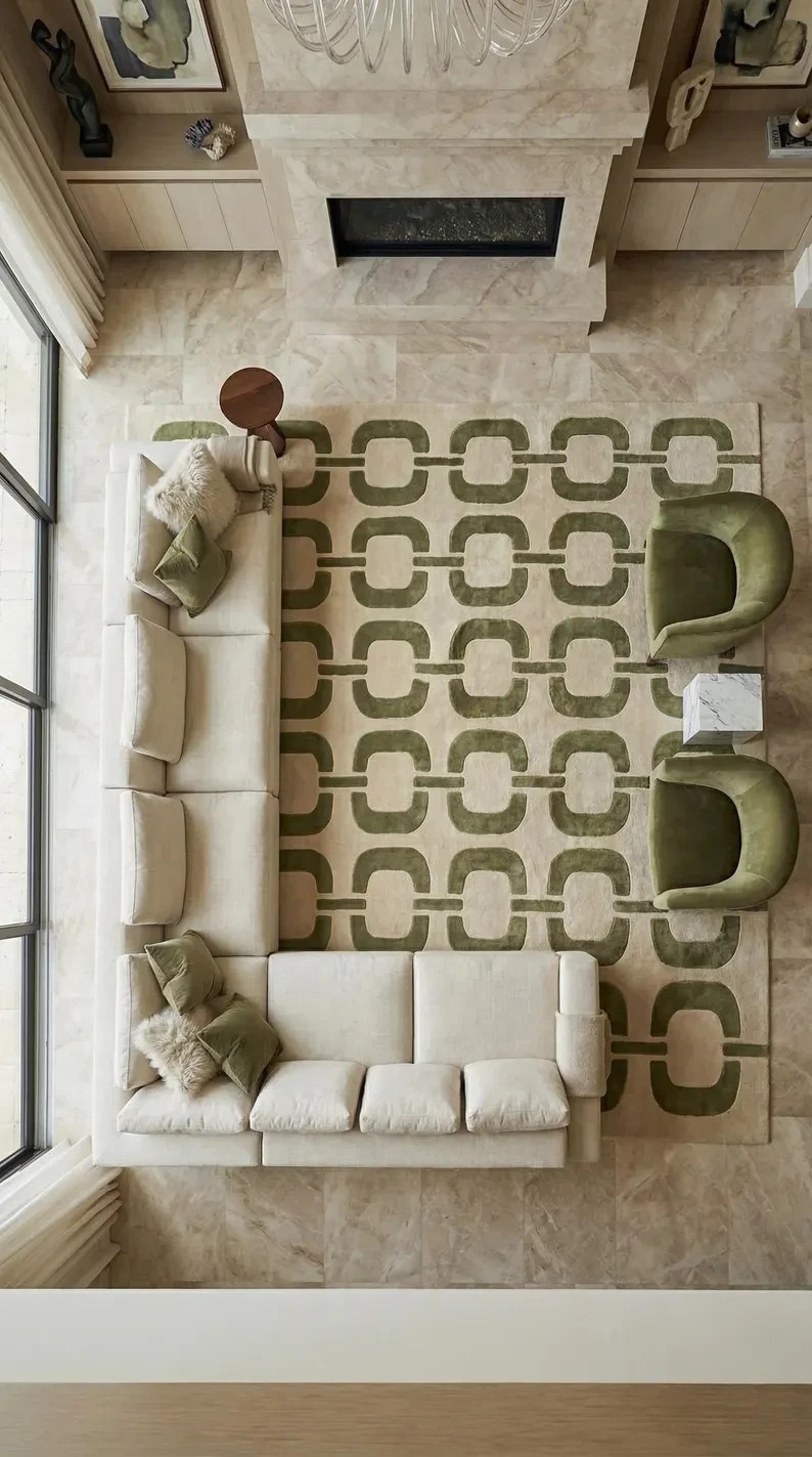 Green Geometric Hand Tufted Rug, Modern Wool Area Rug, Handmade Custom Size