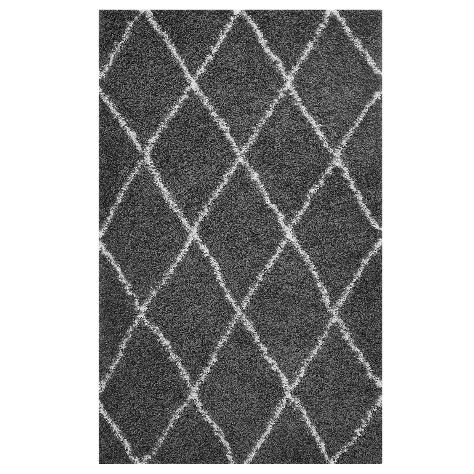 Modway Toryn Diamond Lattice 5×8 Shag Area Rug in Dark Gray and Ivory