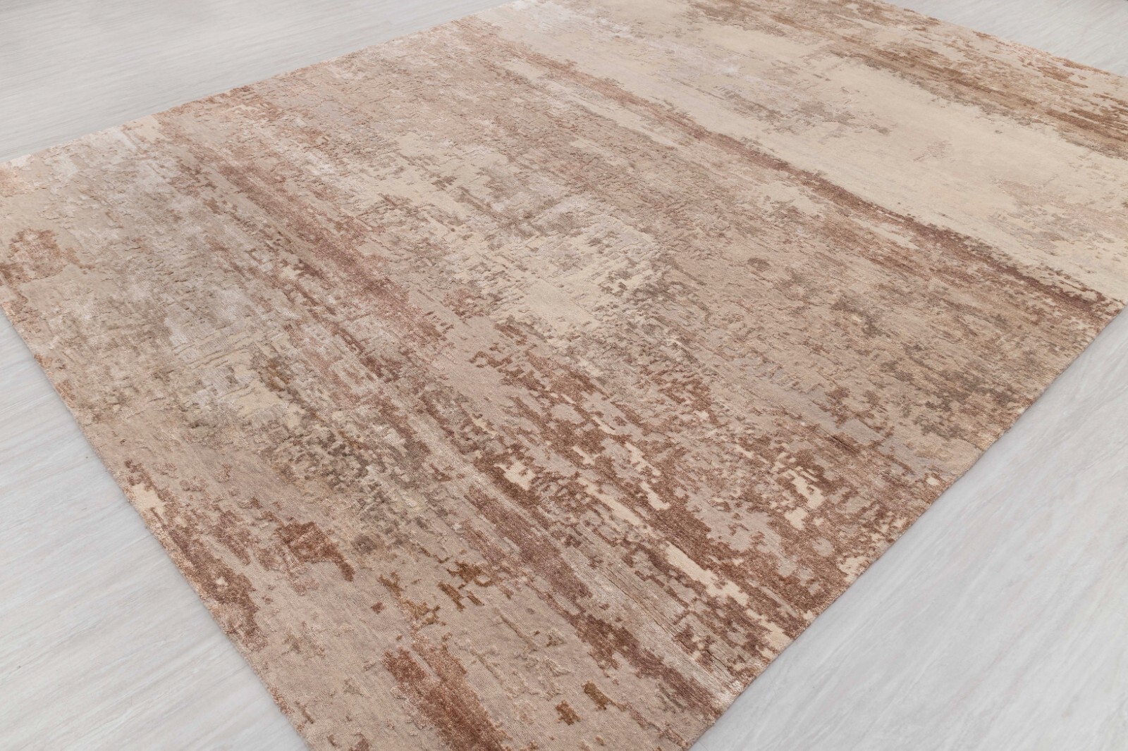 9×12 Cream Grey Brown Soft Look Modern Abstract Hand Knotted Wool & Silk Rug