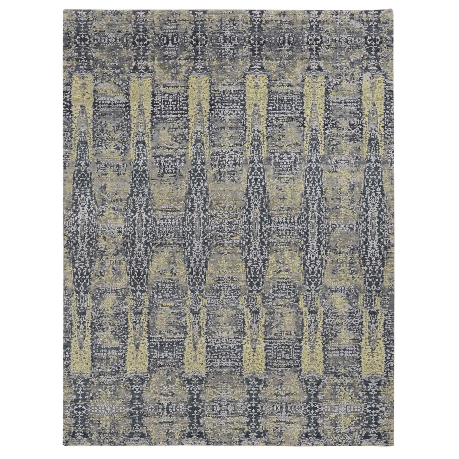 8’10″x11’9″ Yellow Wool and Silk Transitional Design Hand Knotted Rug R87132