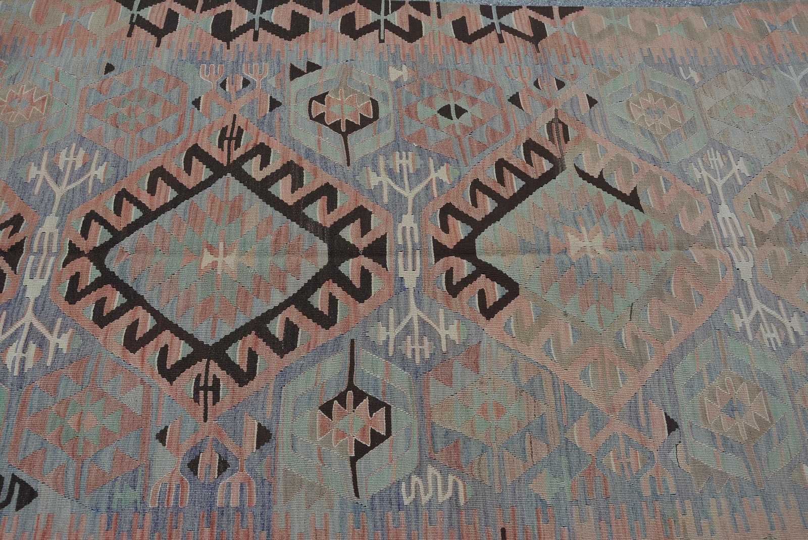 Vintage Turkish Rug 4,4×9,5 ft (134×290 cm), Kilim Green Brown Oriental Rug