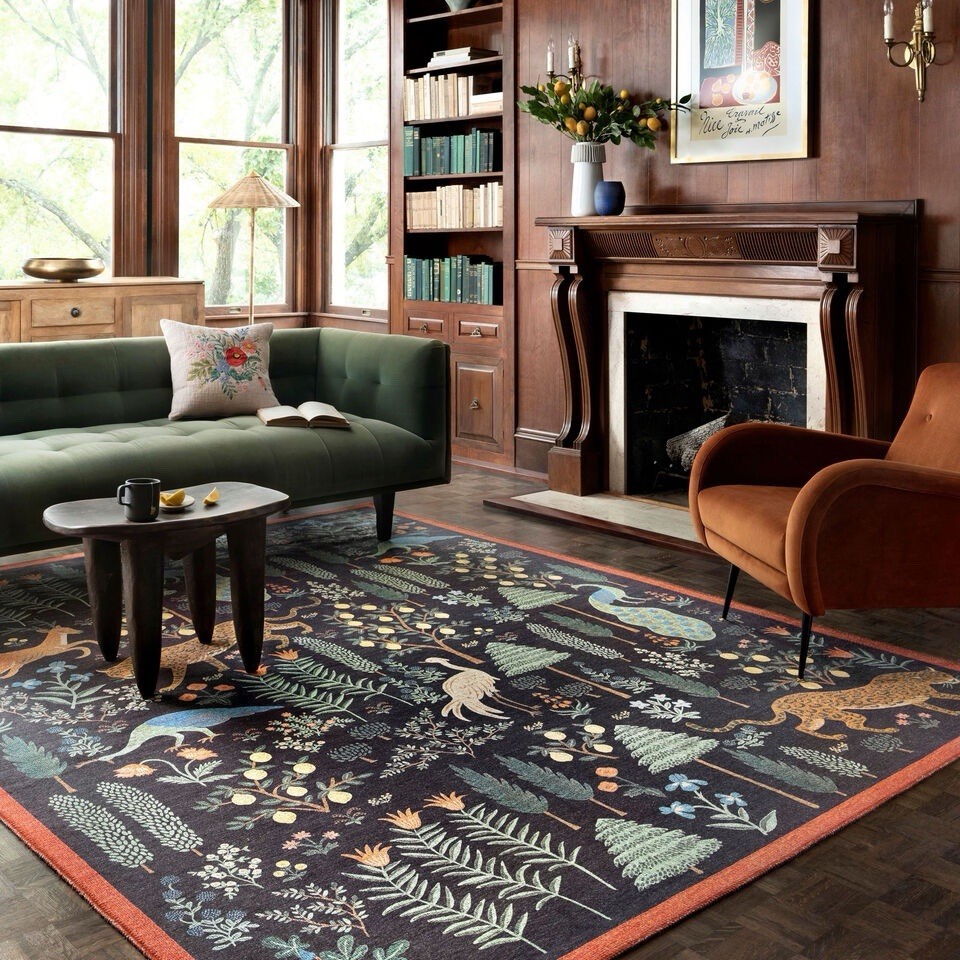 Stunning Bliss Woodland Animal Botanical Jungle Indoor Area Rug 5’ x 7’ Black