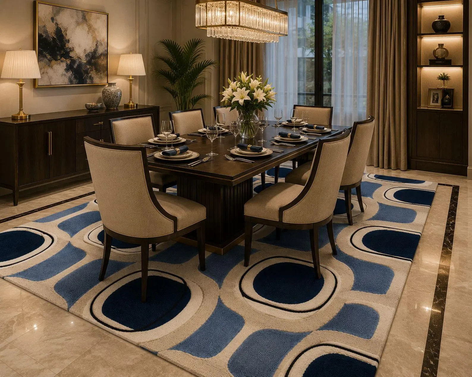 Modern Geometric Hand Tufted Wool Rug with Black Viscose Line Blue Beige Abstrac