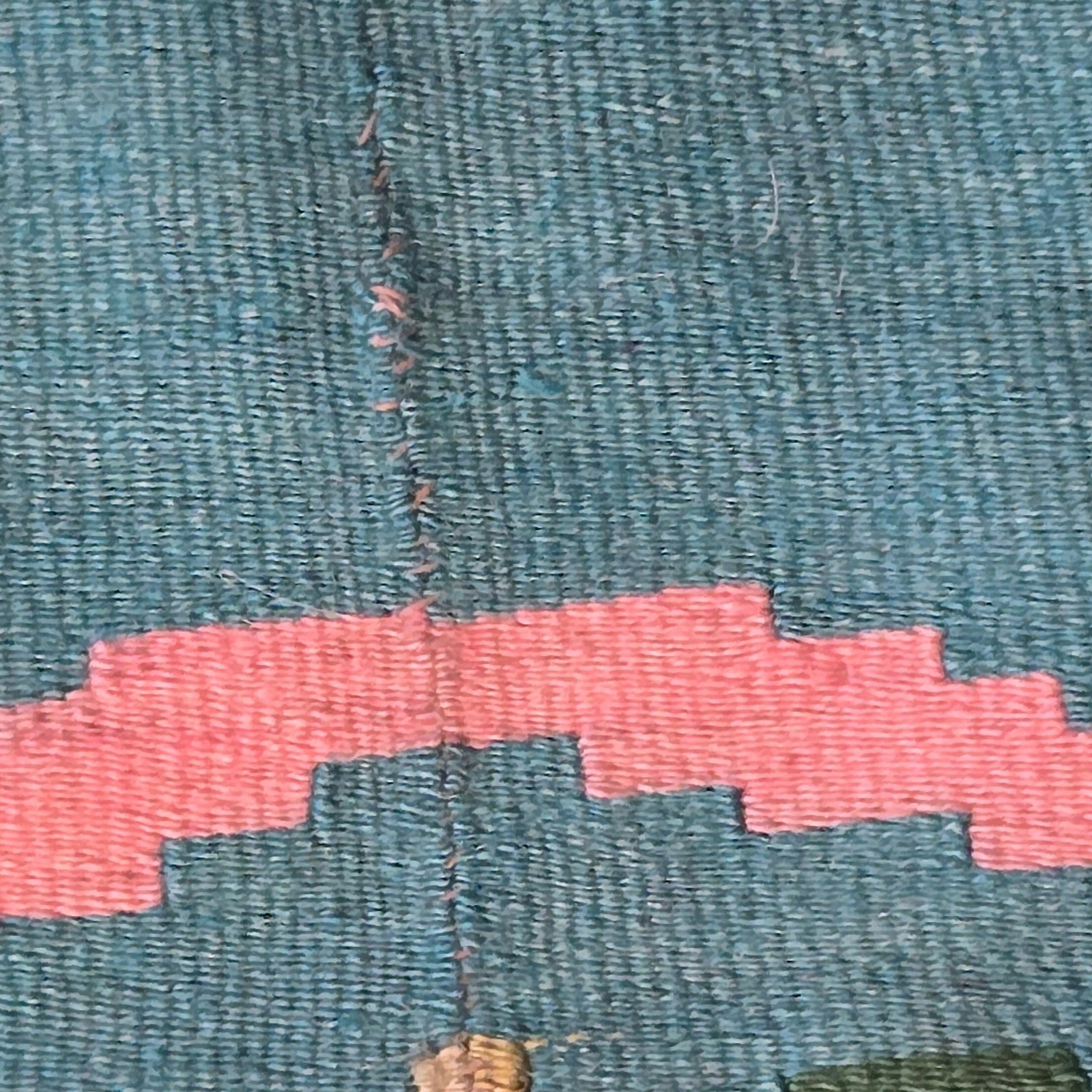 Vintage Handwoven Kilim Rug Floral Medallion Turquoise Tan Boho Flatweave Fringe