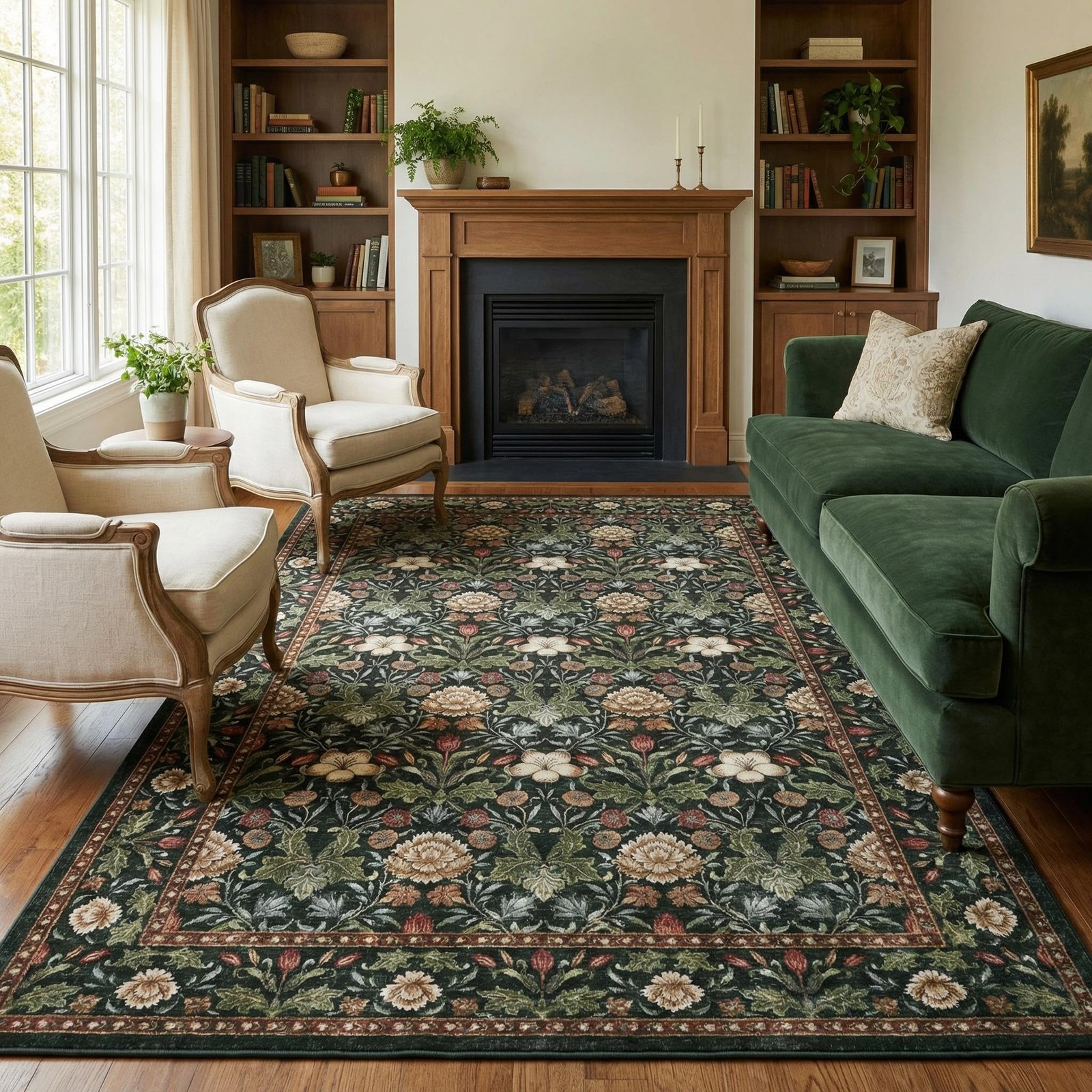 GarveeHome Green Washable Area Rug 5×7, Retro Floral Low Pile Non Slip Living