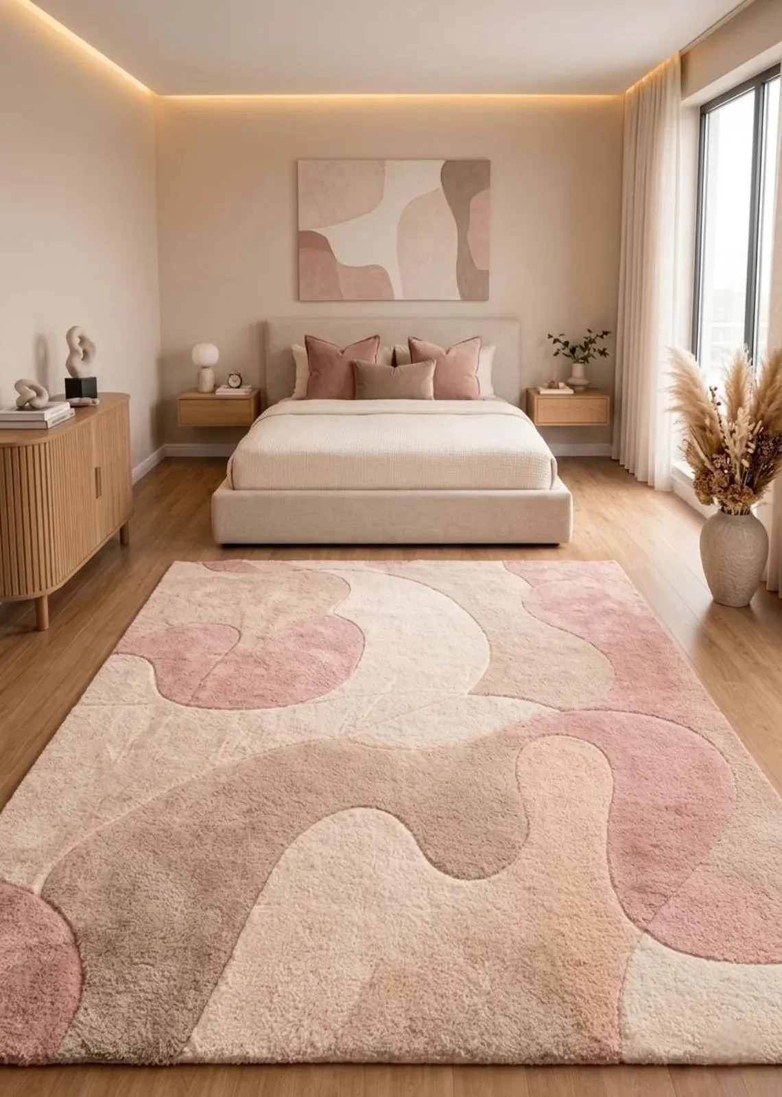 Organic Modern Area Rug – Abstract Wavy Shag Dusty Rose Beige Tufted Area Carpet
