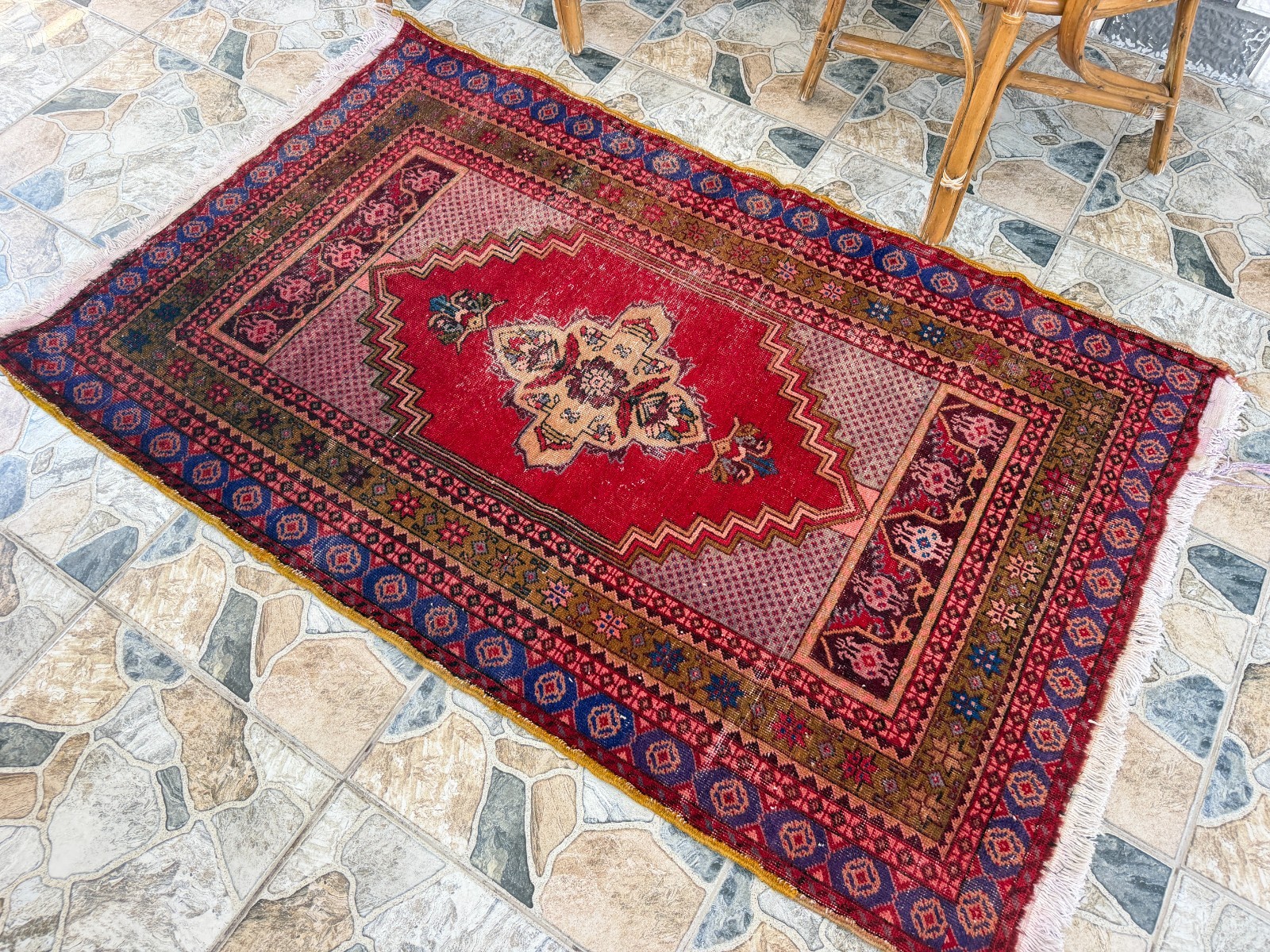 Vintage Oushak Tribal Rug, Handmade Turkish Anatolian Wool Geometric Area 3×5 ft