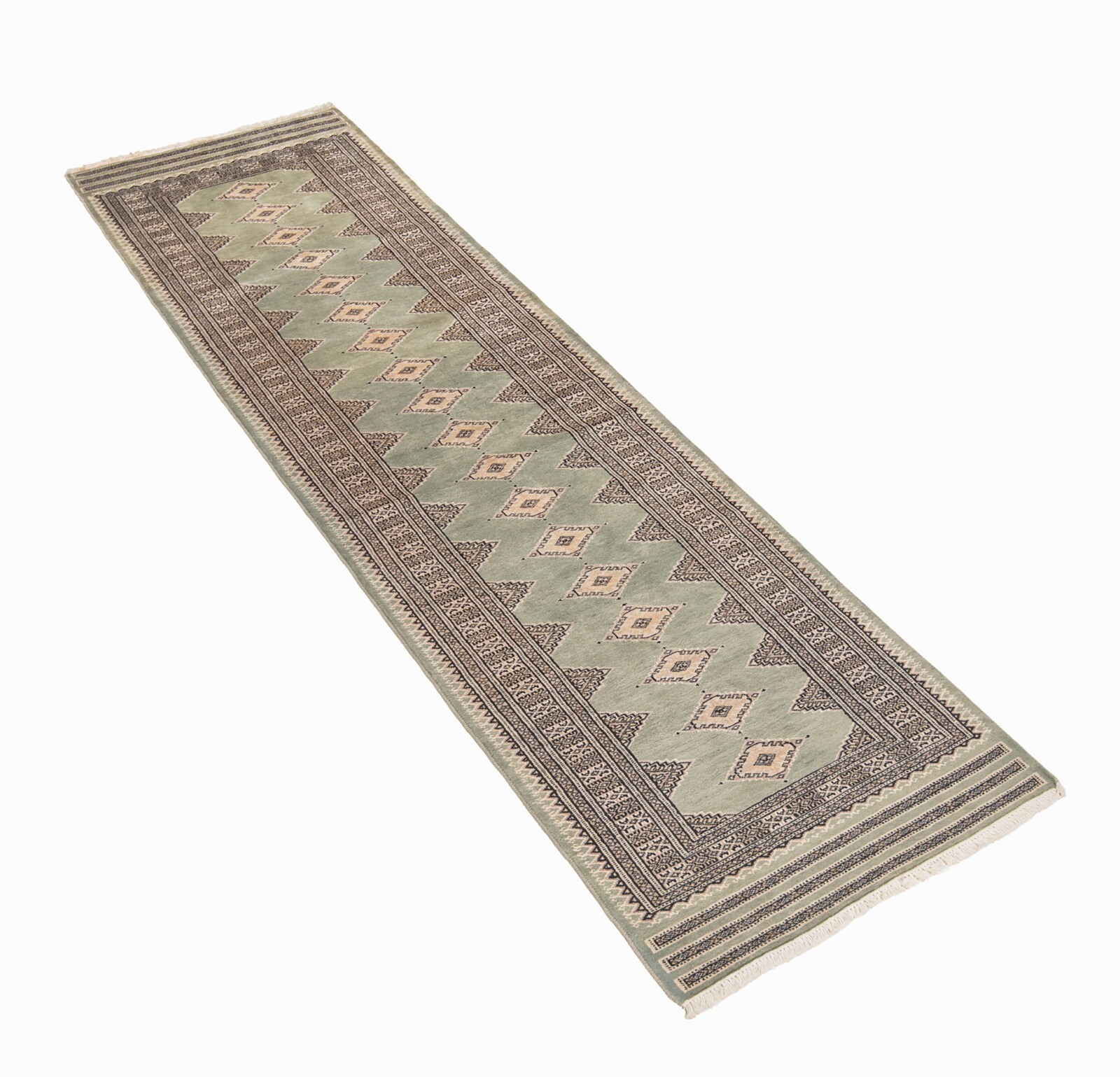 Pakistan Bokhara 111 13/16×29 1/2 in Handwoven Oriental Fine Carpet Runner Grün