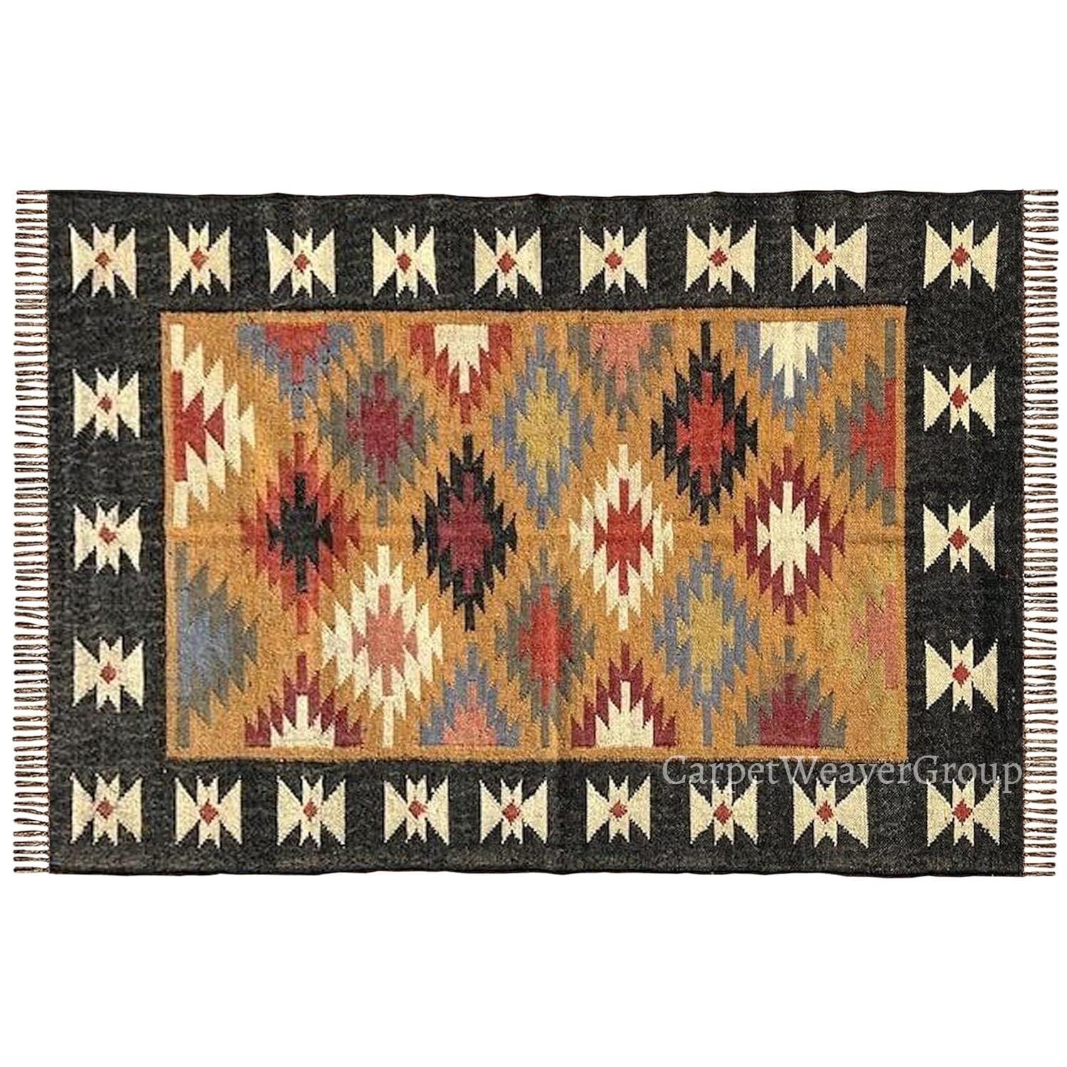 Handwoven Bohemian Wool Jute Kilim Rug – Available in Various Sizes