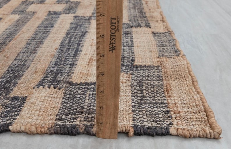 Handmade Checkered Jute Rug, Flatweave Geometric Jute Rug Runner Custom Jute Rug