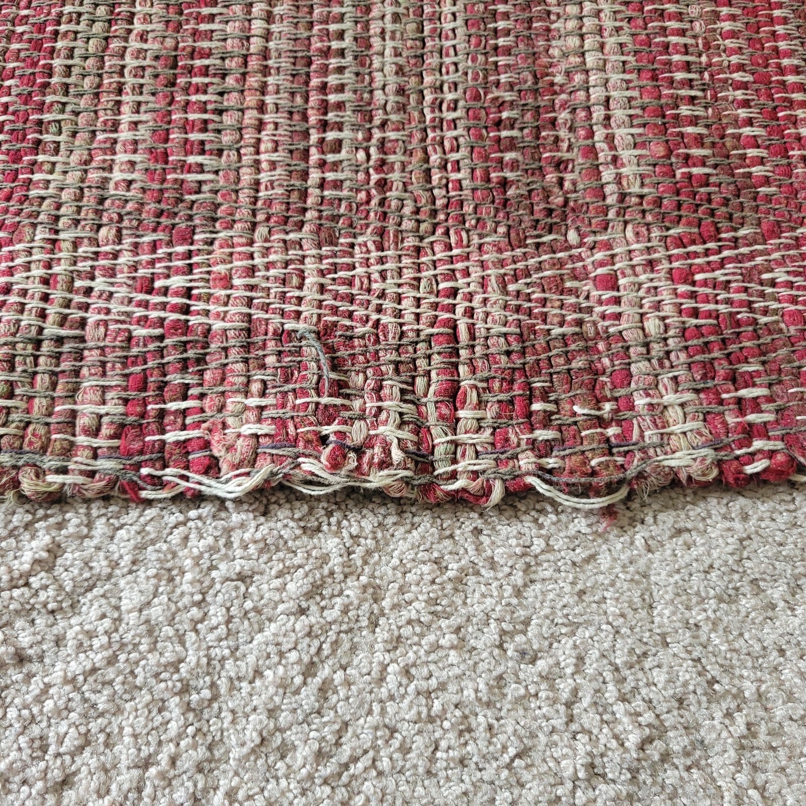 VTG Sweedish Handmade Cotton Rag Rug 22″ X 31″ Fringe Red Brown Striped