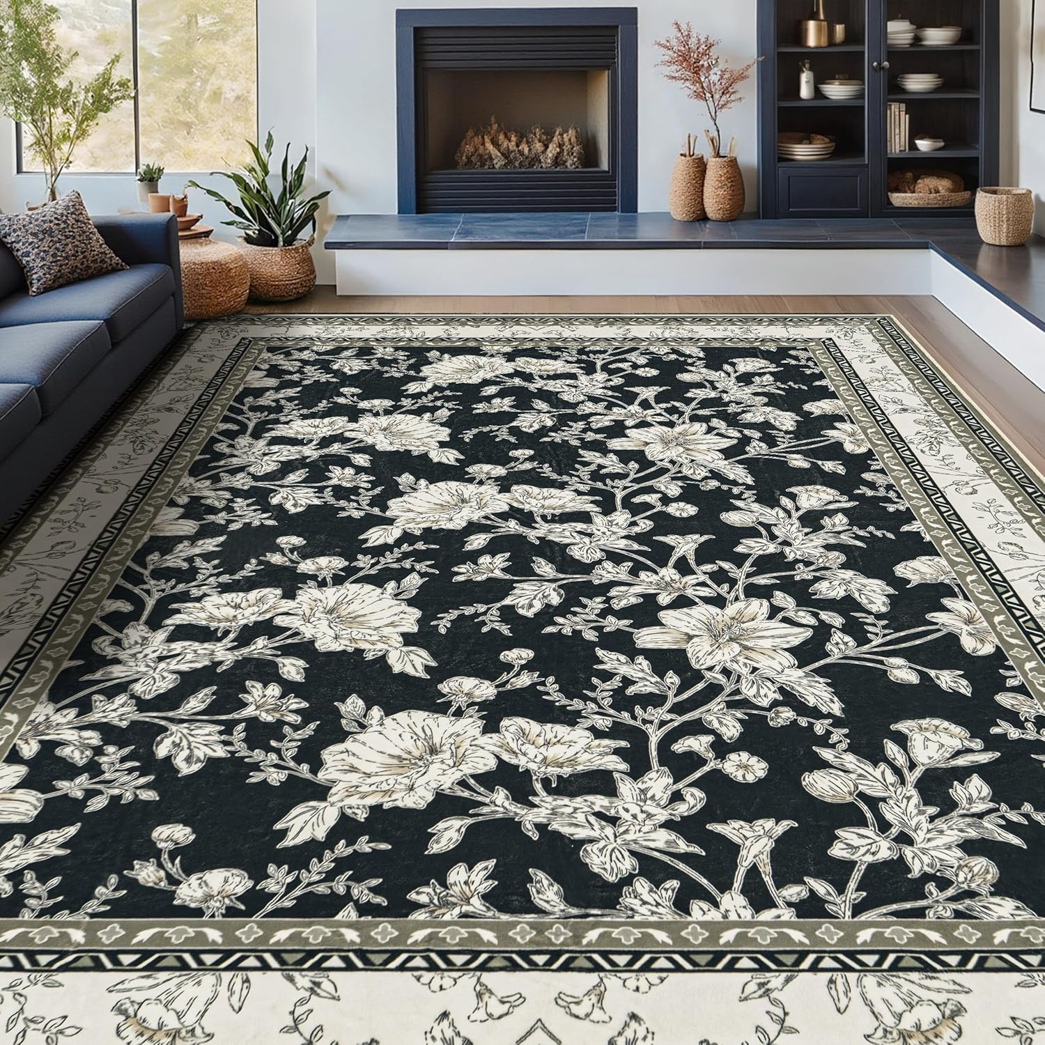 Black Floral Area Rugs 6X9 Living Room, Black with Cream Beige Taupe Flower Desi