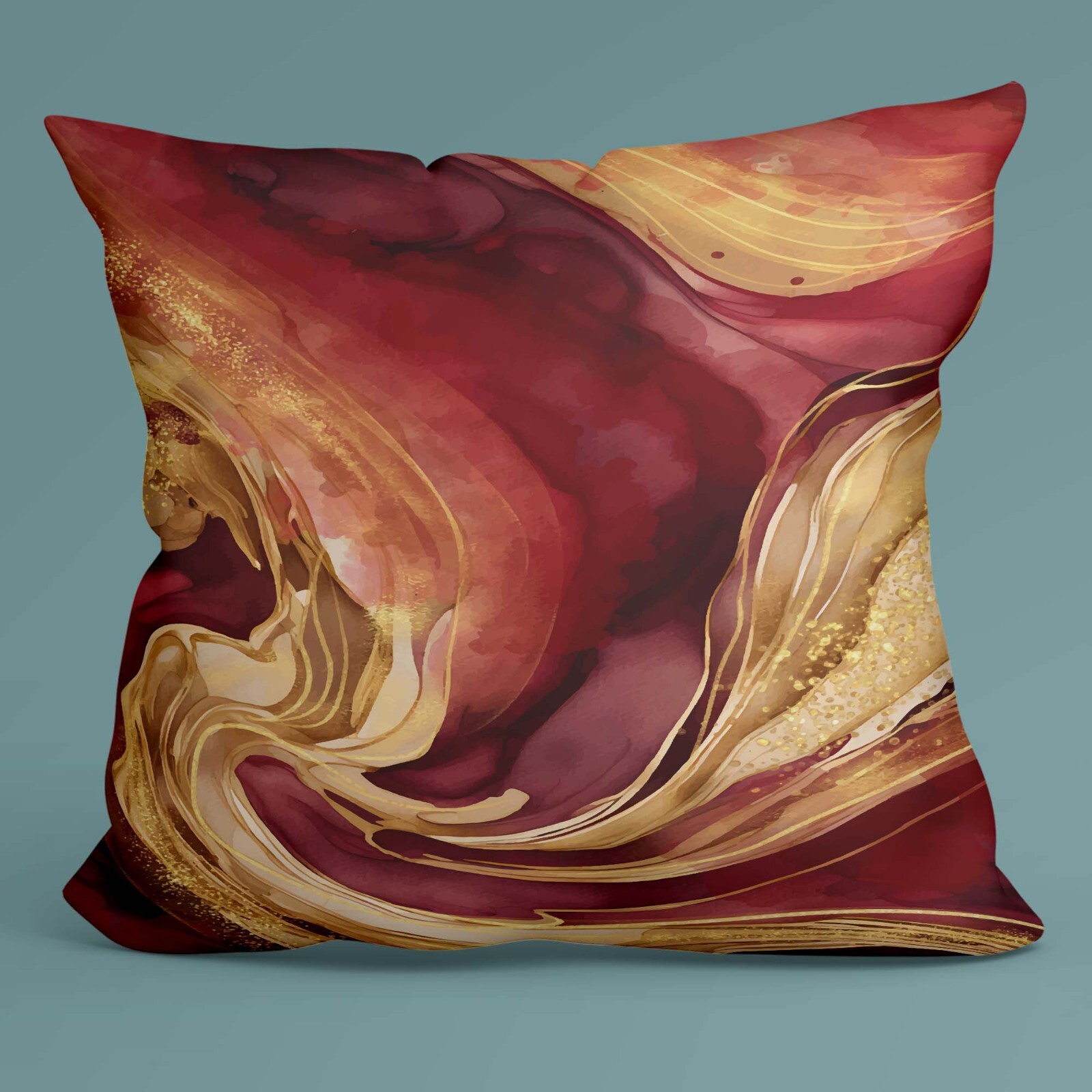 Abstract Pillow Cover, Red Gold Art, Modern Decor, Marble Style, Luxe Cushion