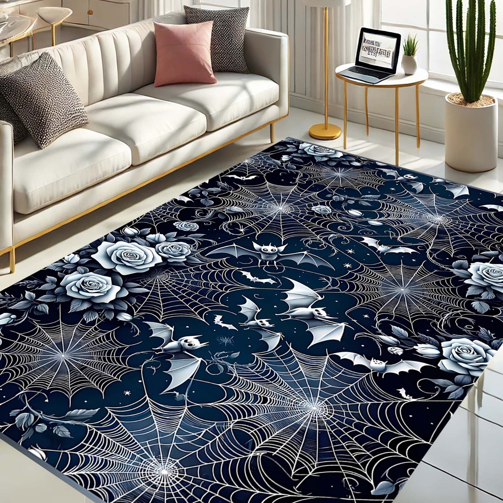 Gothic rug, Halloween rug, Bat area rug, Dark floral rug, Spiderweb rug, Rose
