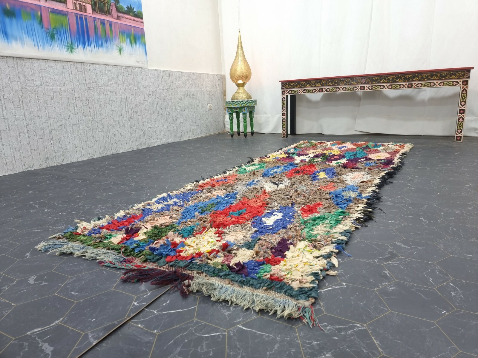Moroccan Handmade Vintage Boucherouite 3’1″x9′ Berber Geometric Red Blue Carpet