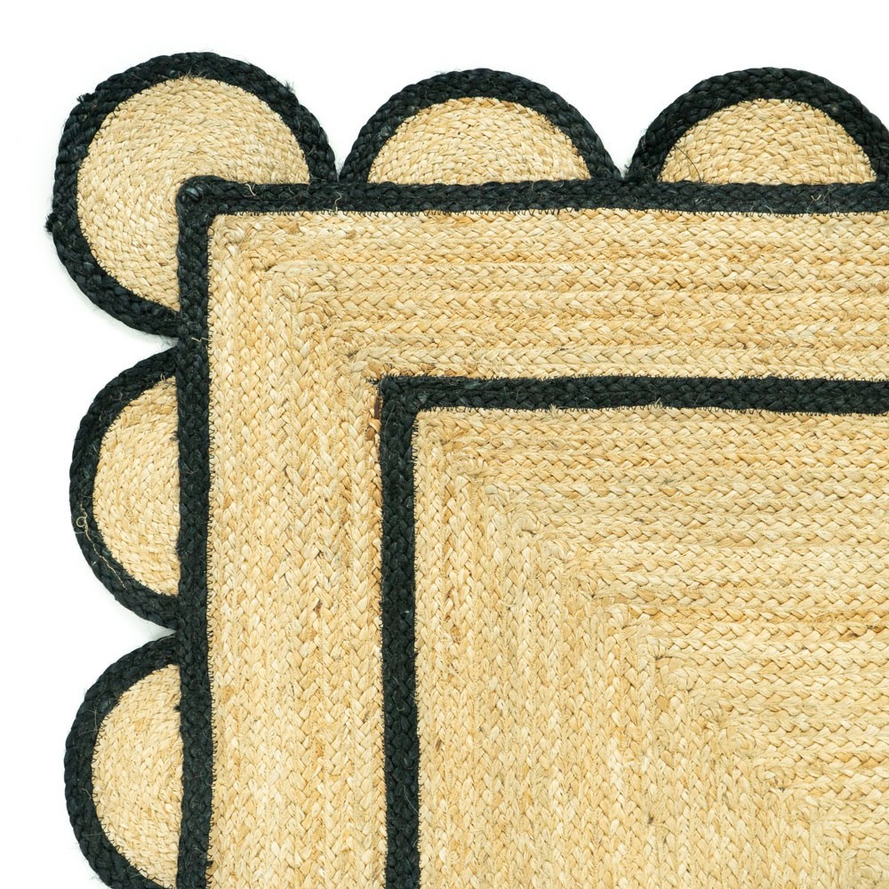 Black Jute Rug- Scallop Edge Jute Rug, Handmade Scalloped Area Rug, Custom Rug