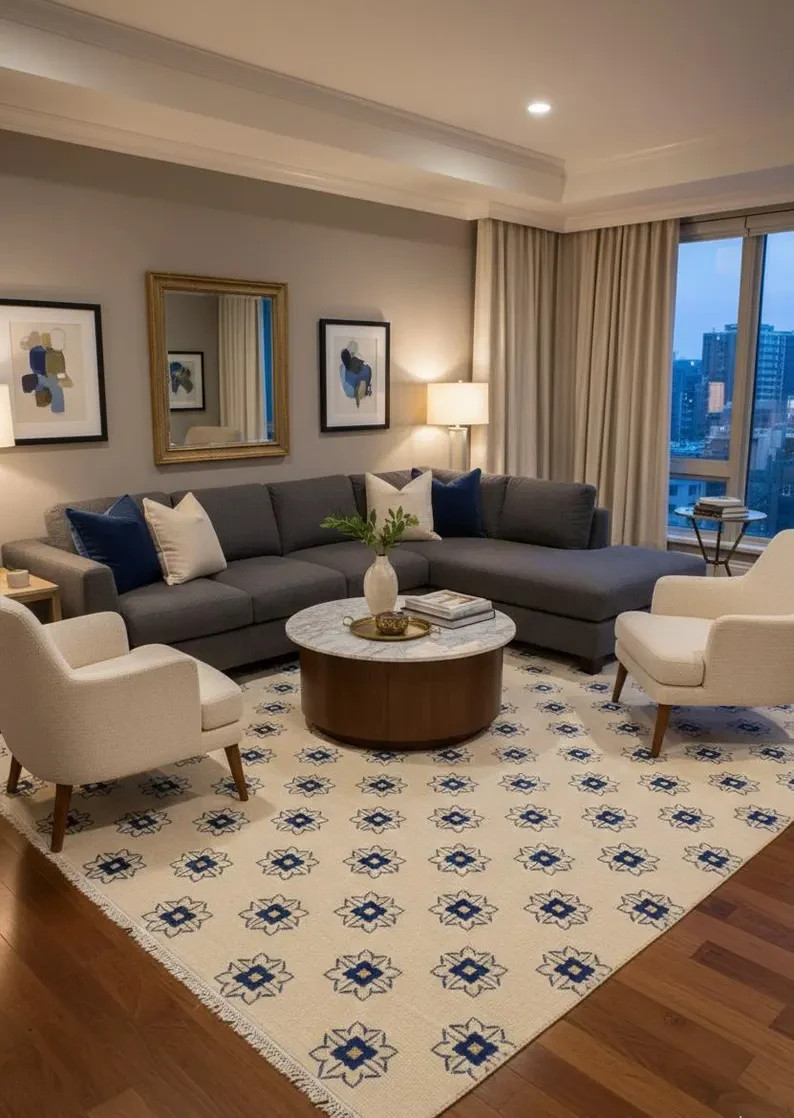 Scandi Geometric Pattern Area Rug blue and ivory pattern rug