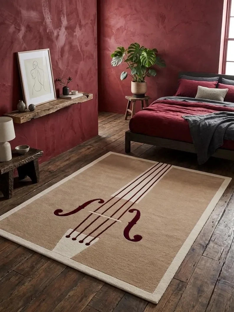 Hand Tufted Wool Rug, Abstract Violin Area Rug, Modern Music Room Decor, Plush
