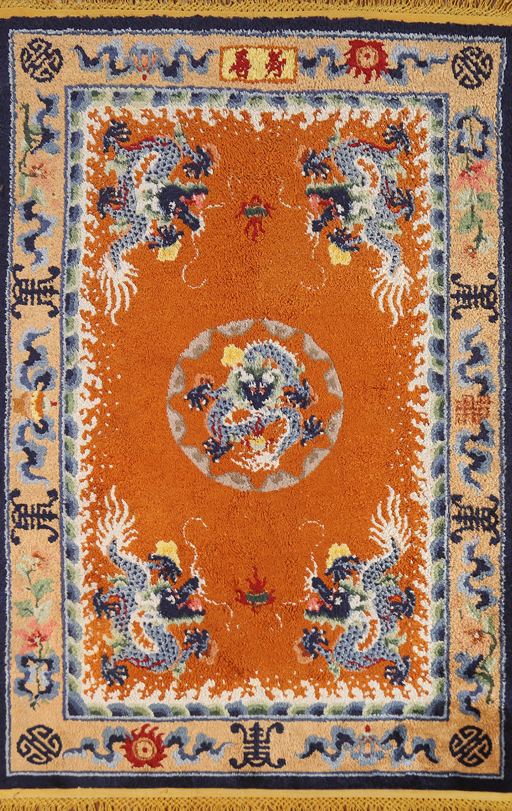 Orange Art Deco Vegetable Dye Chinese Rug 4×6 ft Hand-knotted Silk Carpet