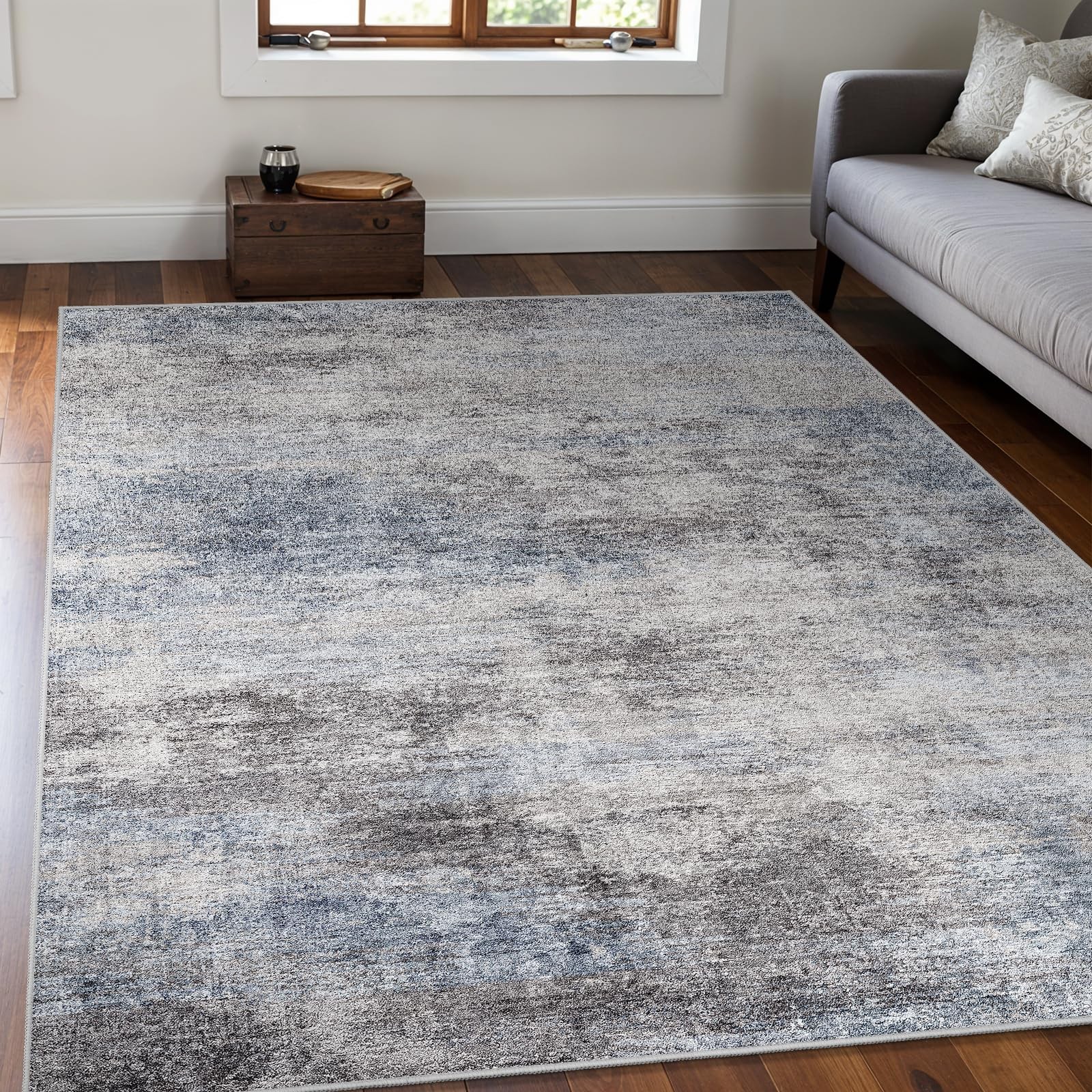 Washable Abstract 5×7 Area Rug: Low Pile and Non-Slip 5 x 7 feet, Blue/Grey