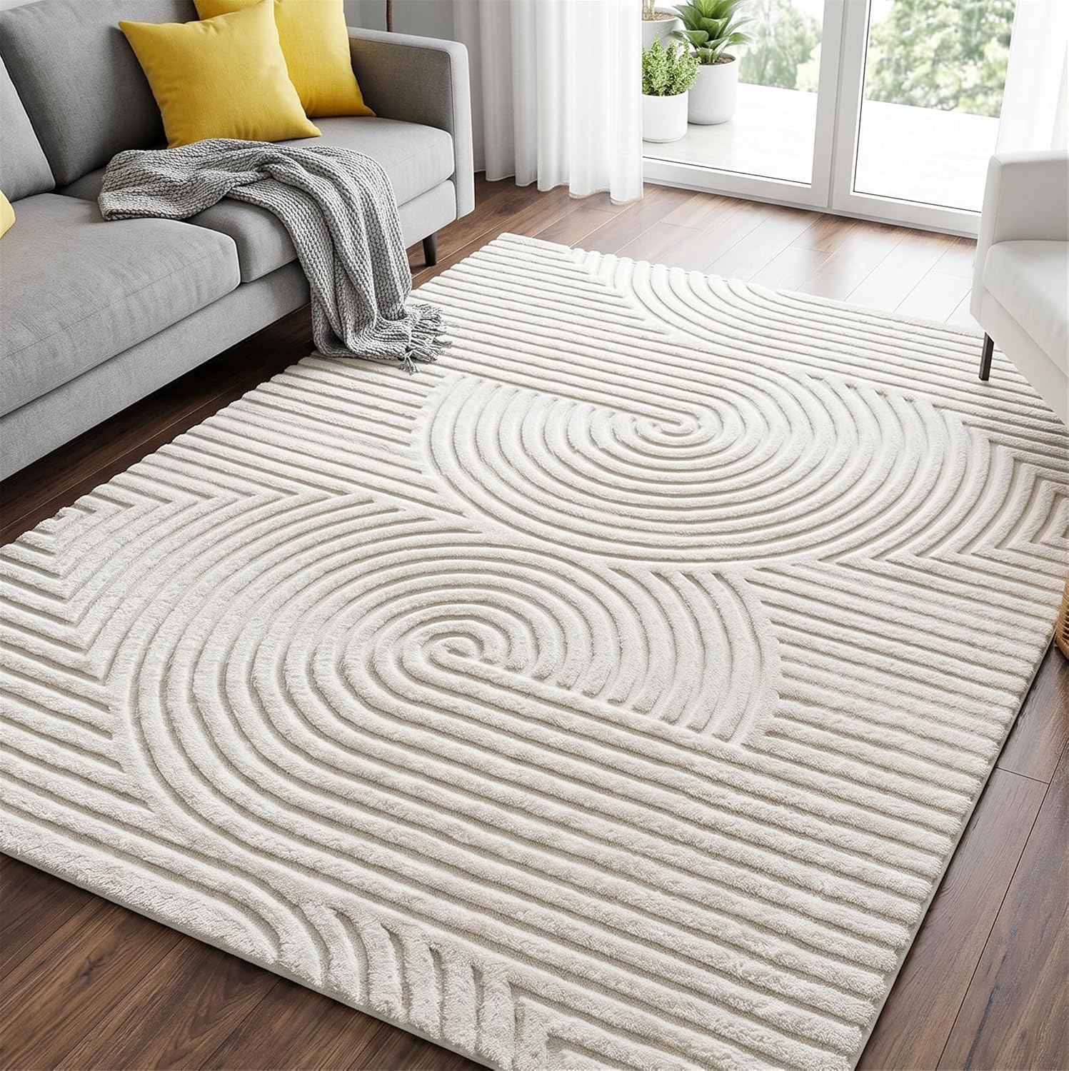Washable Beige Solid Color 5X7 Area Rugs for Living Room Bedroom | Soft Thick Mo