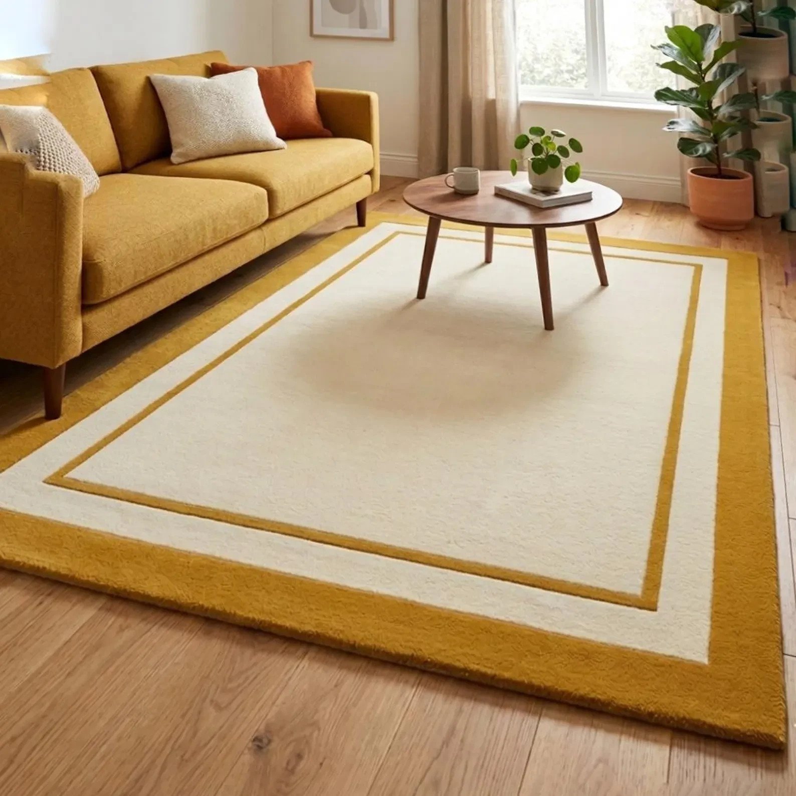 Luxury Mustard Wool Rug Hand Tufted Area Rug Modern Minimalist Border Design