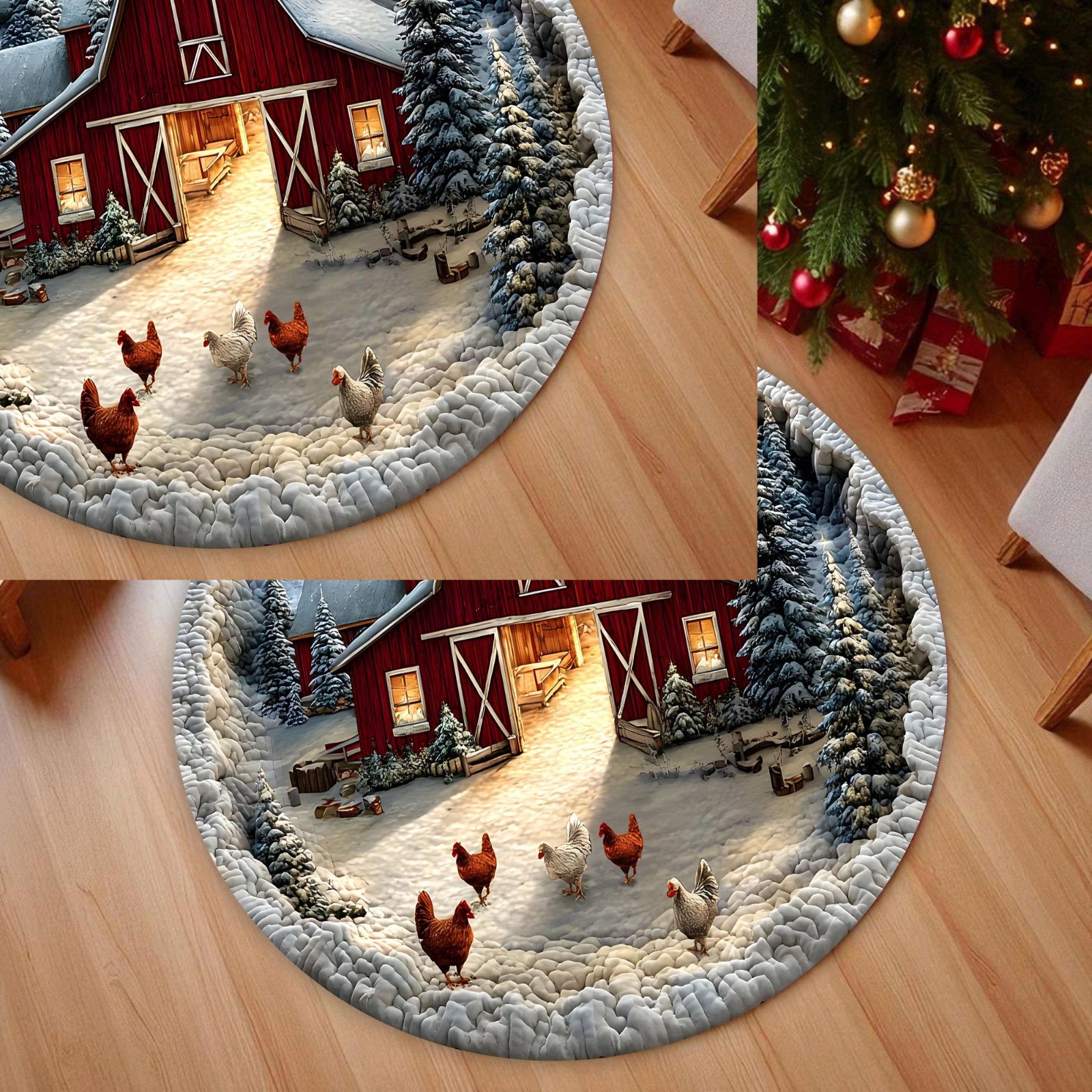 Christmas 3D Red Barn Round Rug Farmhouse Cozy Rustic Winter Floor Mat Decor