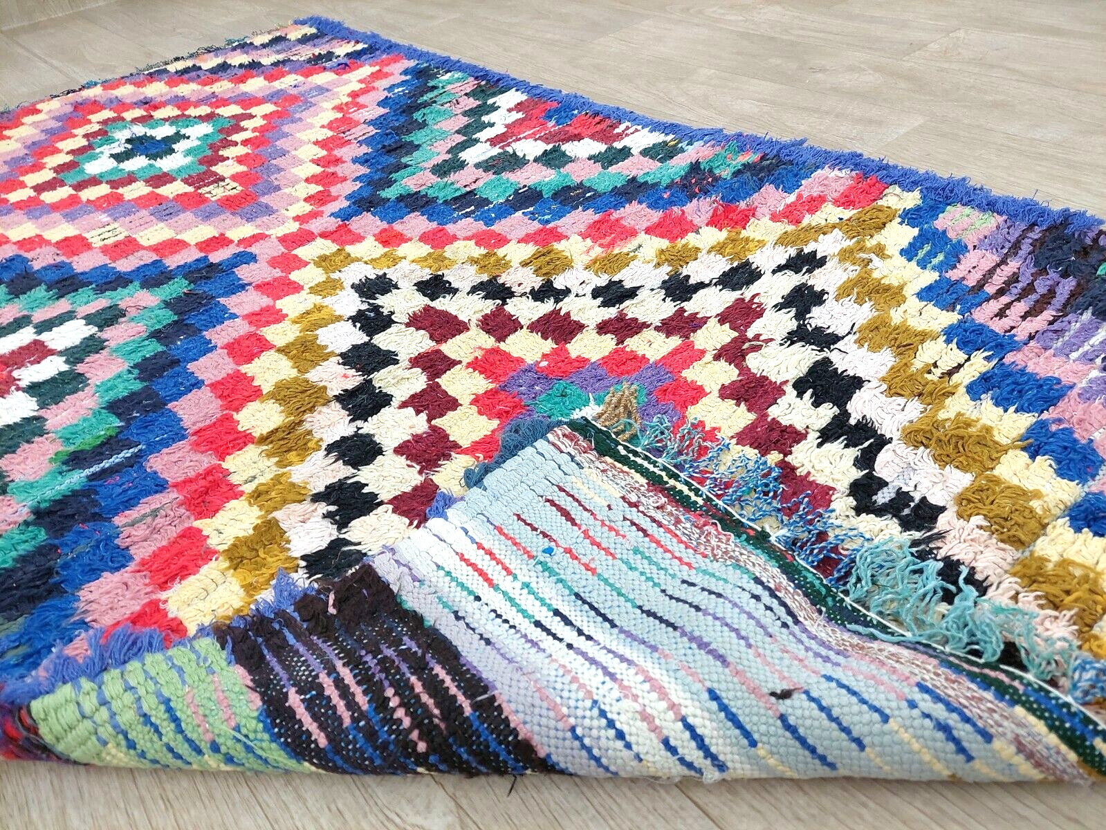 Vintage Moroccan Berber Area Rug 3×5 Colorful Blue Geometric Tribal Runner Rugs