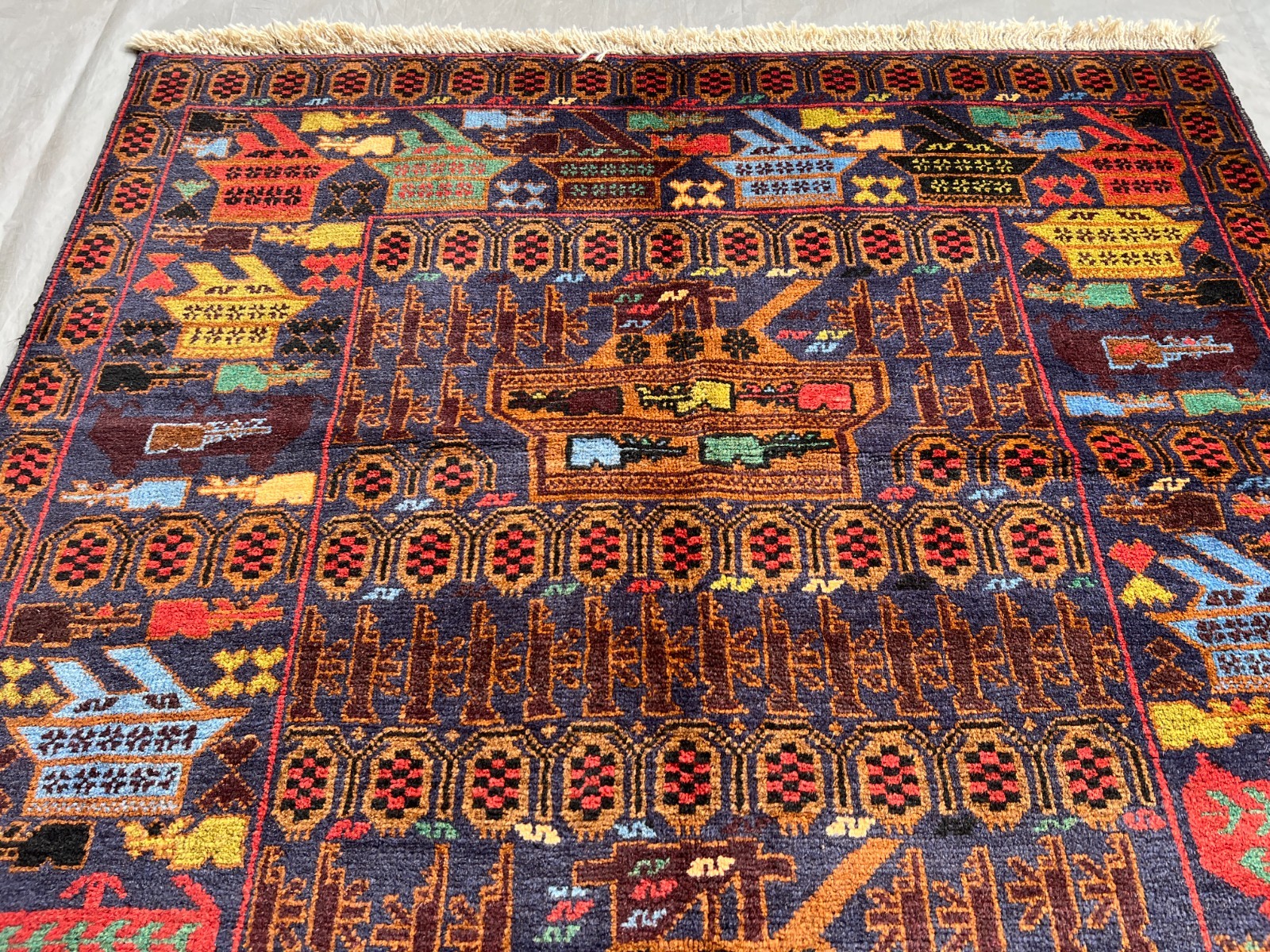 Navy Blue Afghan War Rug 4×7 Vintage Hand Knotted Wool Military Unique area rug