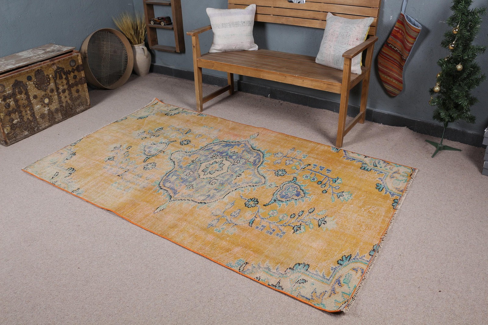 Turkish Rug, Area 4,1×7,2 ft Vintage Rug, Yellow Blue Oriental Wool Rug