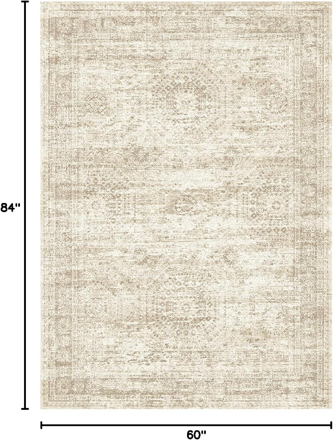 Pet-Friendly 5×7 Low Pile Area Rug – Elegant Beige Geometric Design