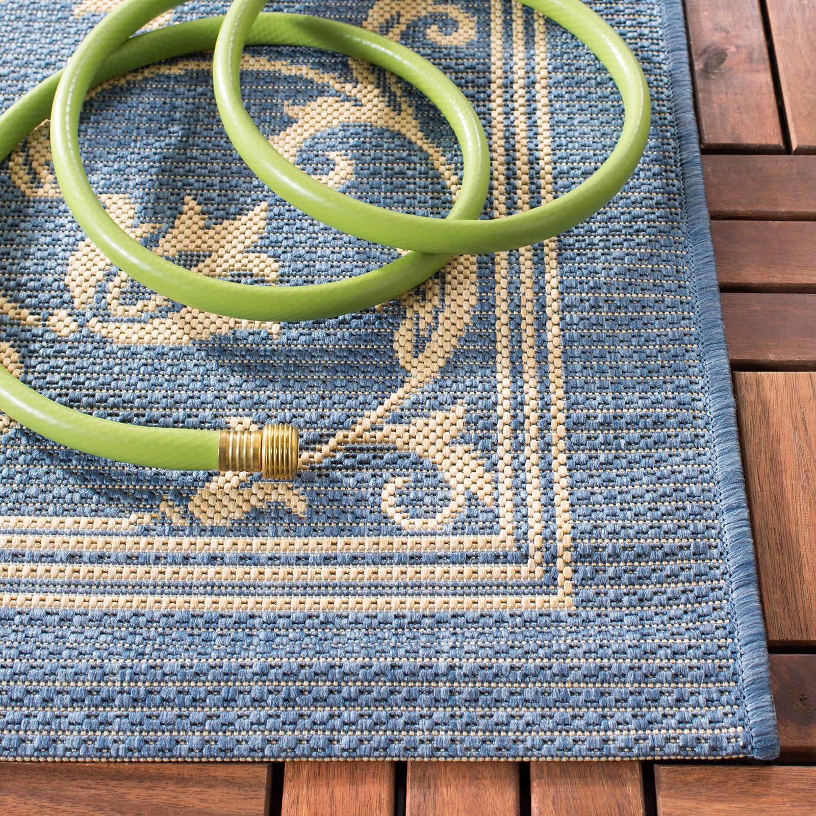 Washable Rug Outdoor Courtyard Collection – 2’3″ x 14′ Runner, Blue & Natural…