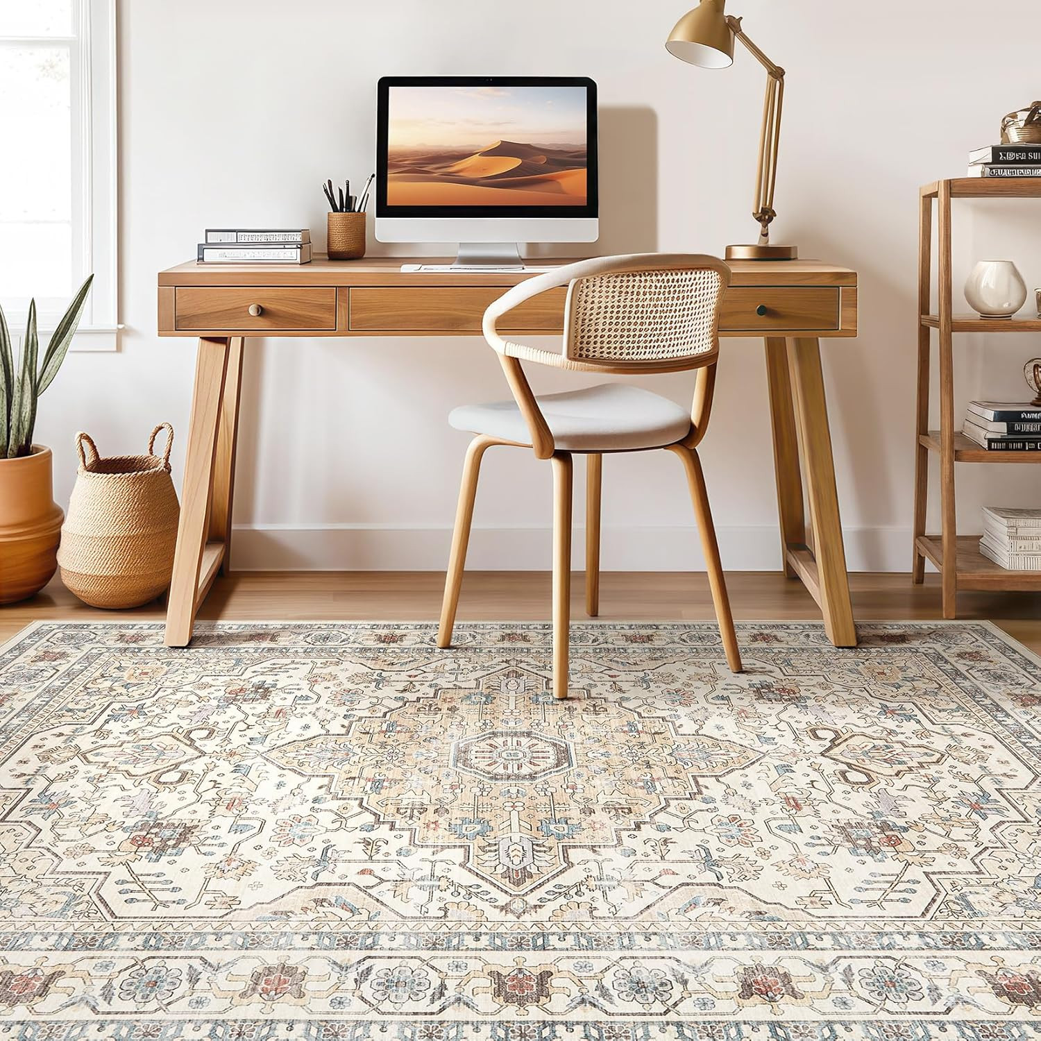 10×14 Washable Area Rug Boho Vintage Non Slip Soft Farmhouse Carpet Cream Blue
