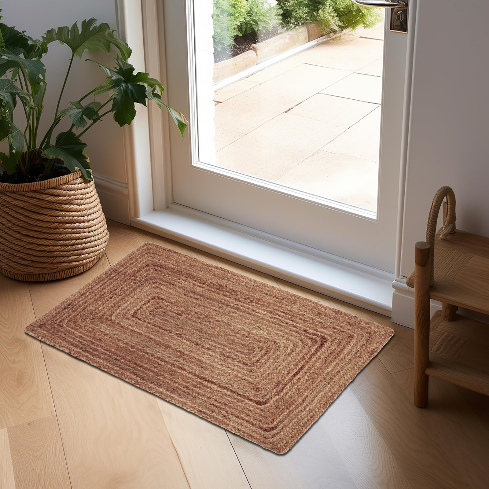 COTTON CRAFT Jute Rug Braided 100% Jute Door Mat Woven Neutral Reversible Small