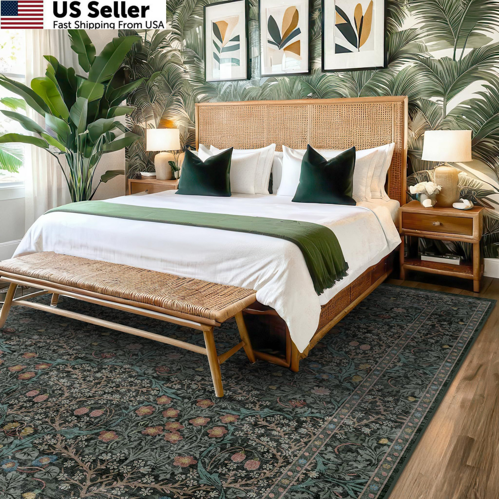 Dark Green Floral Living Room Rug 5′ x 7′ (Rectangular), / Black