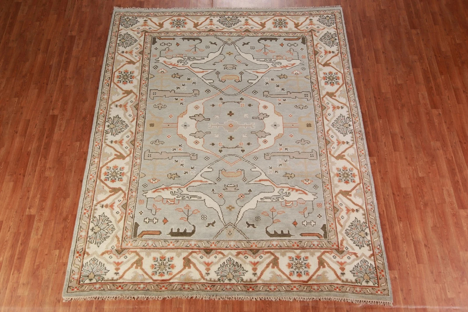 Hand Knotted Oushak Rug Wool Area Rug Muted Gray Blue Cream Rust 8×10 9×12