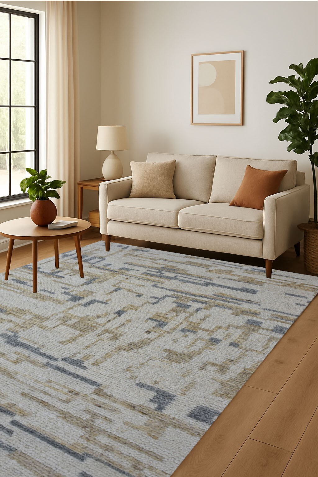 “Modern Abstract Hand-Knotted Wool Rug – Cream & Grey Geometric Design Carpet .