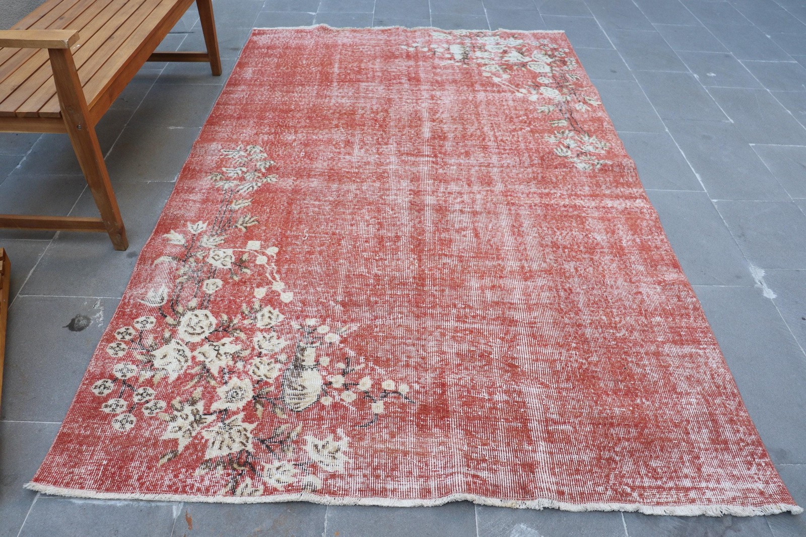 5,2×8,4 ft Turkish Vintage Rug, Large Rug, Red White Check Wool Rug