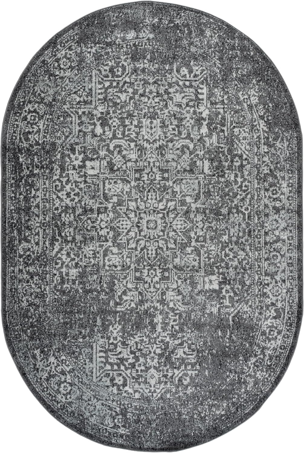 Evoke 6×8 Oval Rug – Distressed Grey & Ivory, Non-Shedding, Easy Clean