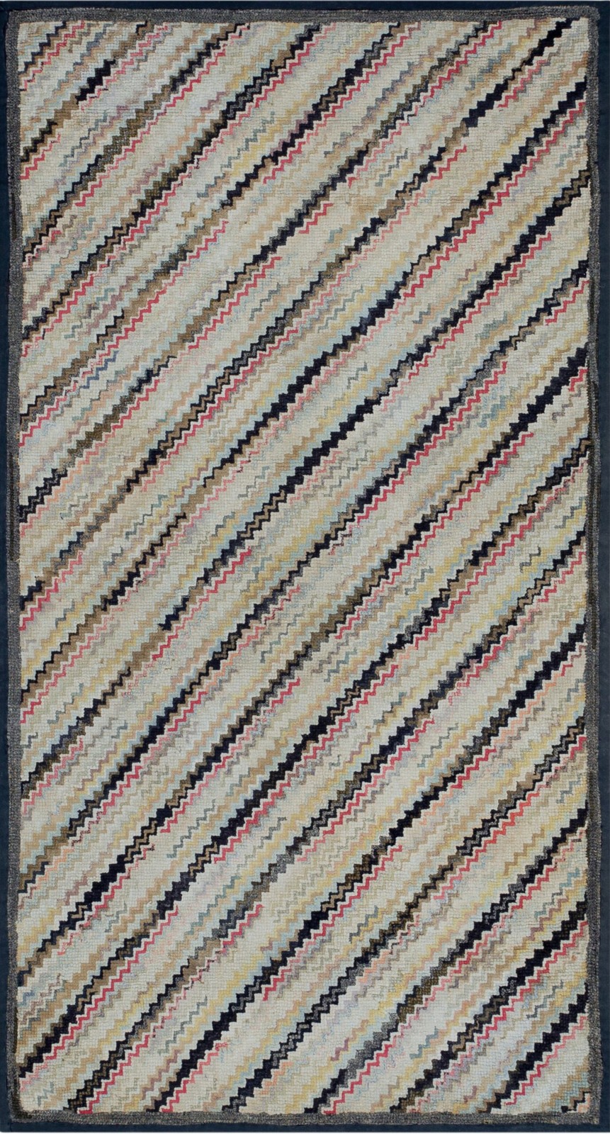 Cream Antique American Folk Art Diagonal Chevron Stripes Small Hooked Rug