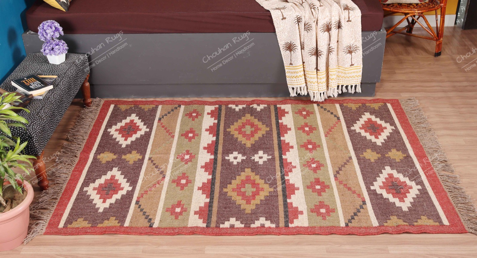 Handmade Wool Jute Rug Boho Tribal kilim Area Rug Handwoven living room rugs
