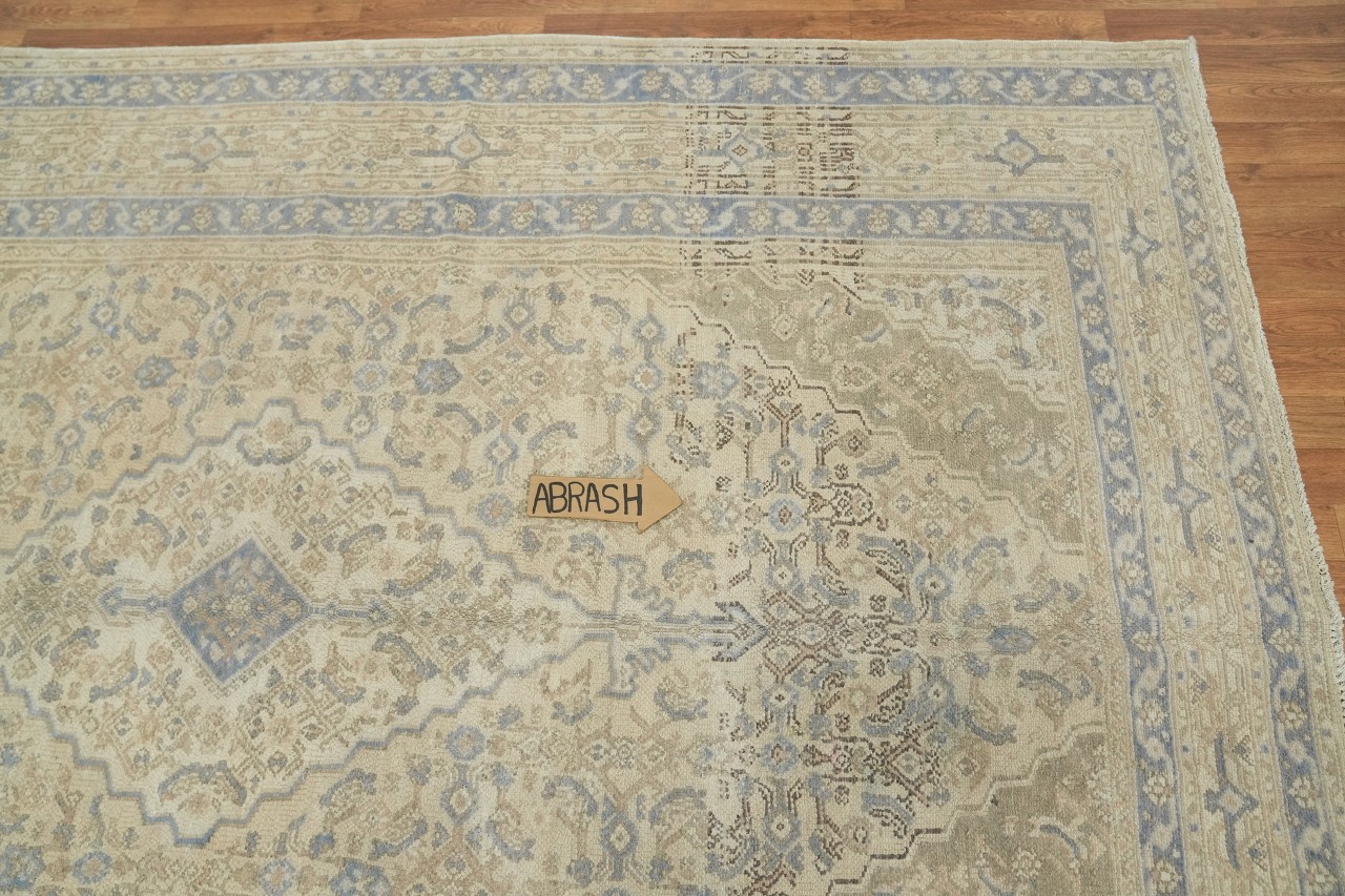 Hand-Knotted Wool Area Rug 7×10 Traditional Medallion Distressed Beige & Blues